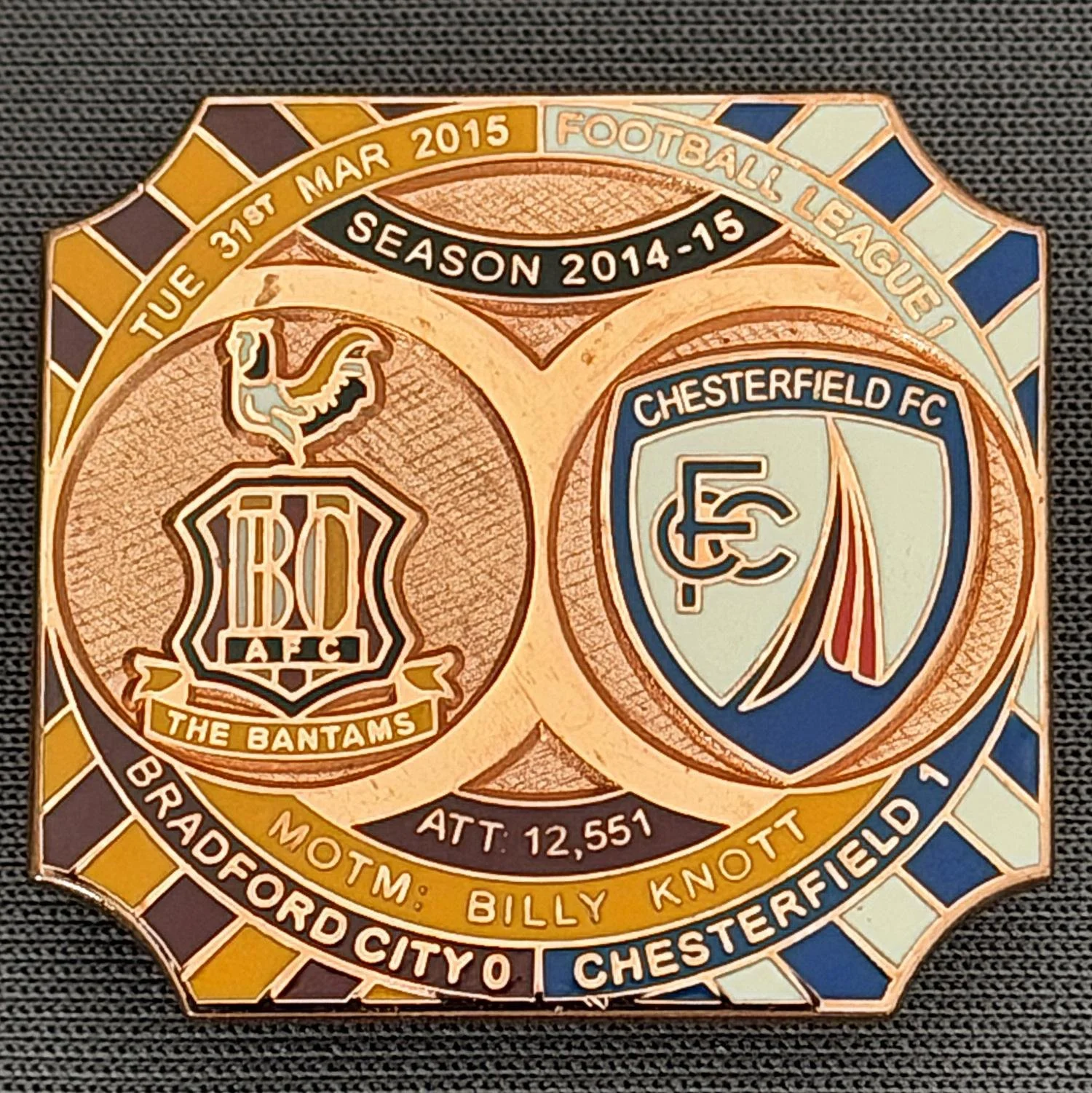 Reference Number: BCFIX319
Size: H 26.8 mm x W 28.8 mm
Pin Type: Brooch Pin
Plating: Copper
Value: £12
Manufacturer: Bradford City Badges
Comments: Bradford City v Chesterfield  2014/15, Limited Edition of 1 Badge (Copper Version)
