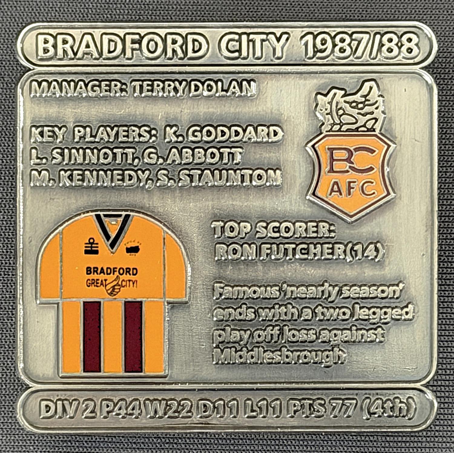 Reference Number: BCDEC174
Size: H 41.1 mm x W 42 mm
Pin Type: Double Metal Clutch
Plating: Antique Silver
Value: £8
Manufacturer: Historic Sports Badges Ltd
Comments: 1987/88 Season