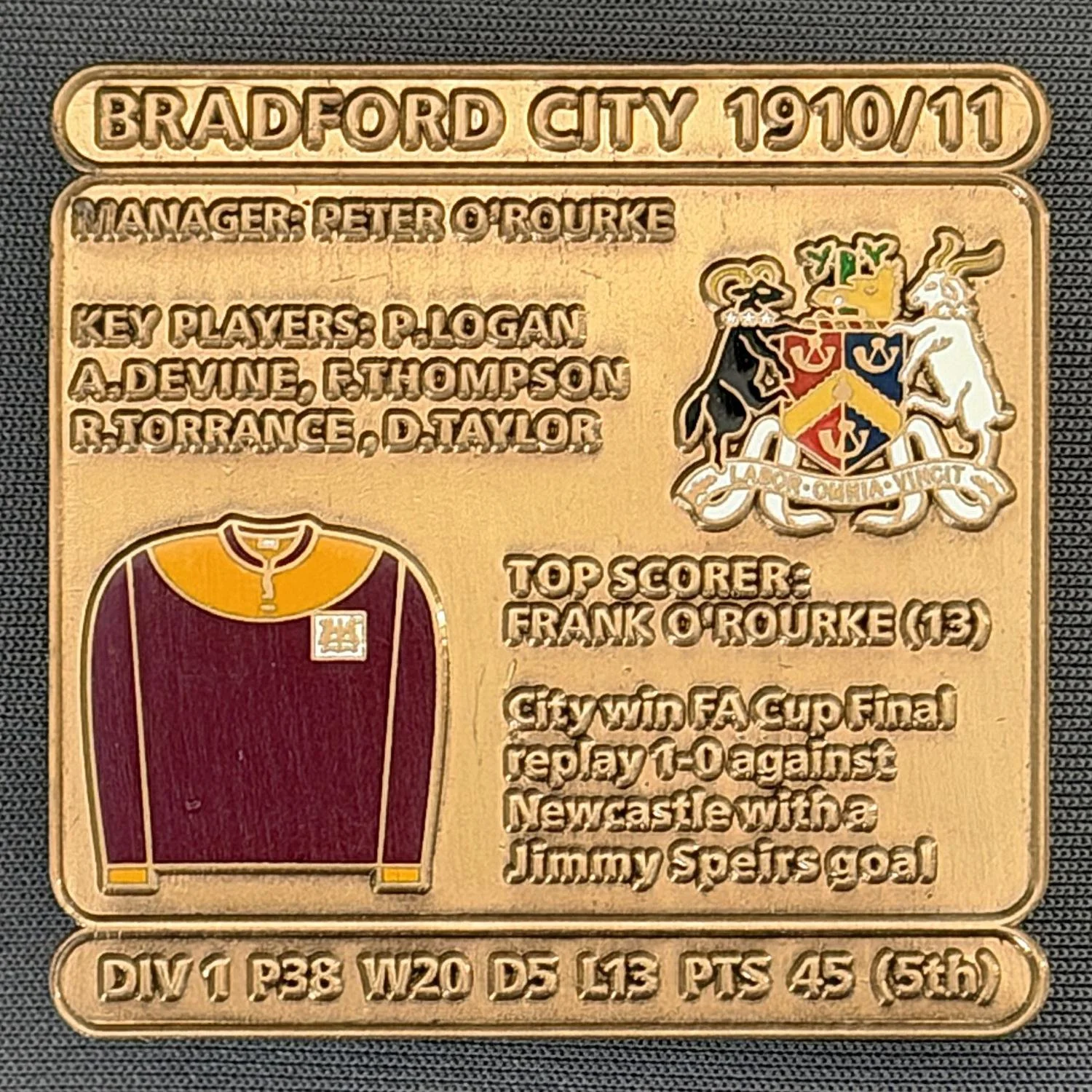 Reference Number: BCDEC017
Size: H 41.1 mm x W 42 mm
Pin Type: Double Metal Clutch
Plating: Antique Gold
Value: £8
Manufacturer: Historic Sports Badges Ltd
Comments: 1910/11 Season City Win F.A. Cup