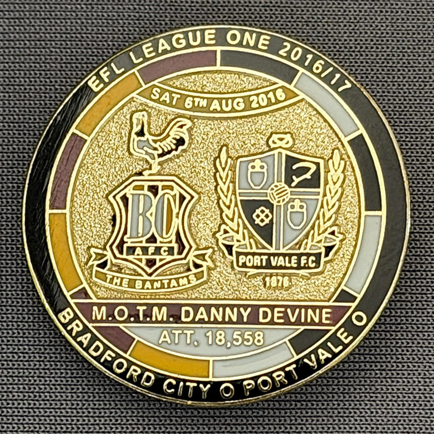 Reference Number: BCFIX369
Size: D 29.4 mm
Pin Type: Brooch Pin
Plating: Gold
Value: £8
Manufacturer: Bradford City Badges
Comments: Bradford City v Port Vale 2015/16, Limited Edition of 50 Badges (Gold Version)