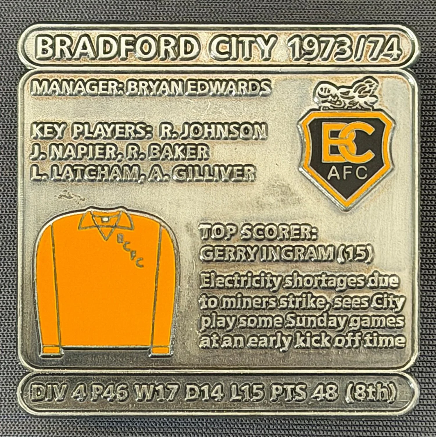 Reference Number: BCDEC150
Size: H 41.1 mm x W 42 mm
Pin Type: Double Metal Clutch
Plating: Antique Silver
Value: £8
Manufacturer: Historic Sports Badges Ltd
Comments: 1973/74 Season