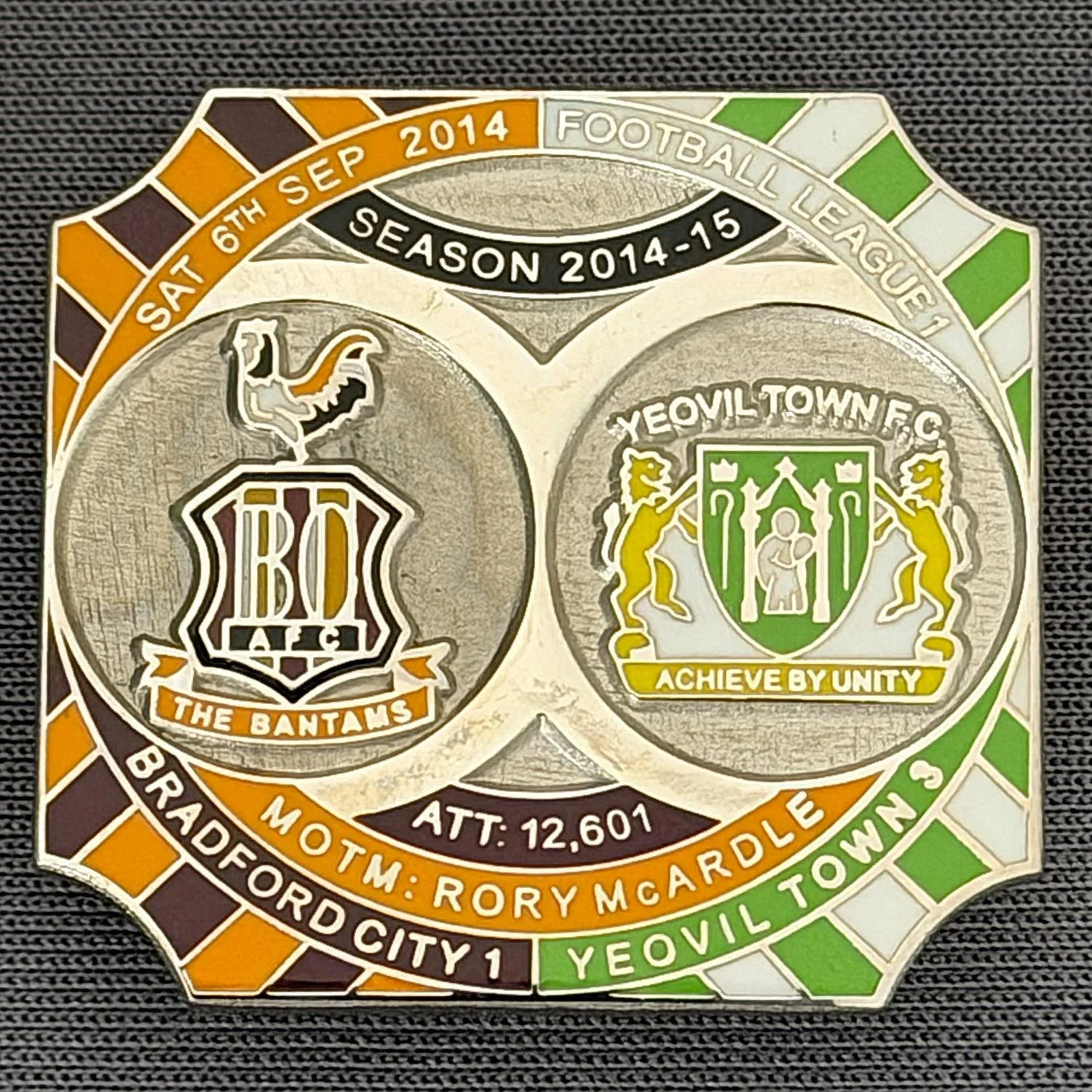 Reference Number: BCFIX279
Size: H 26.8 mm x W 28.8 mm
Pin Type: Brooch Pin
Plating: Nickel
Value: £10
Manufacturer: Bradford City Badges
Comments: Bradford City v Yeovil Town 2014/15, Limited Edition of 10 Badges (Nickel Version)