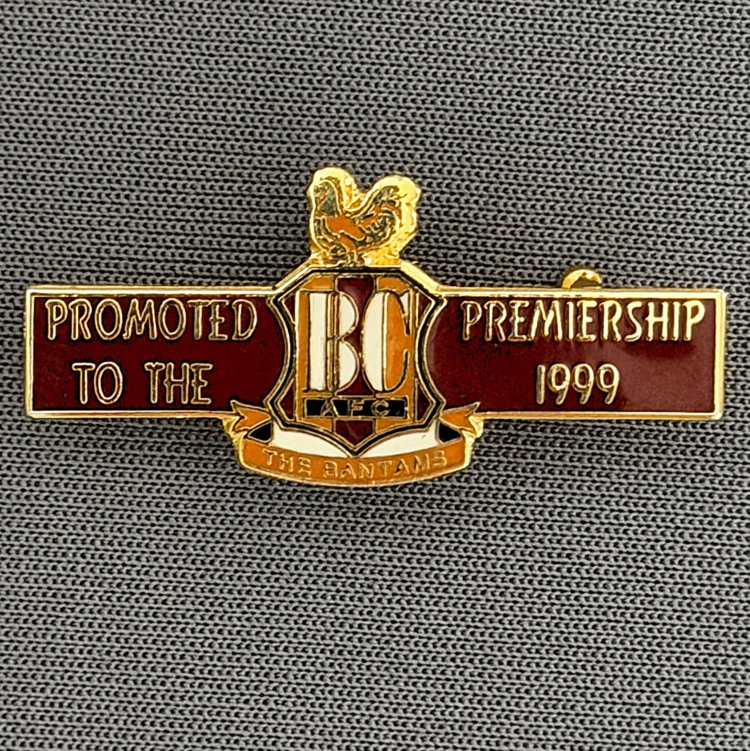 Reference Number: BCEVE008
Size: H 13.6 mm x W 29.8 mm
Pin Type: Brooch Pin
Plating: Gold
Value: £10
Manufacturer: Unknown
Comments: City Crest, Promoted to the Premiership 1999