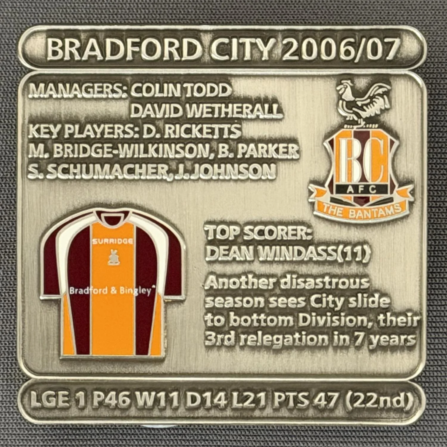 Reference Number: BCDEC213
Size: H 41.1 mm x W 42 mm
Pin Type: Double Metal Clutch
Plating: Antique Silver
Value: £8
Manufacturer: Historic Sports Badges Ltd
Comments: 2006/07 Season