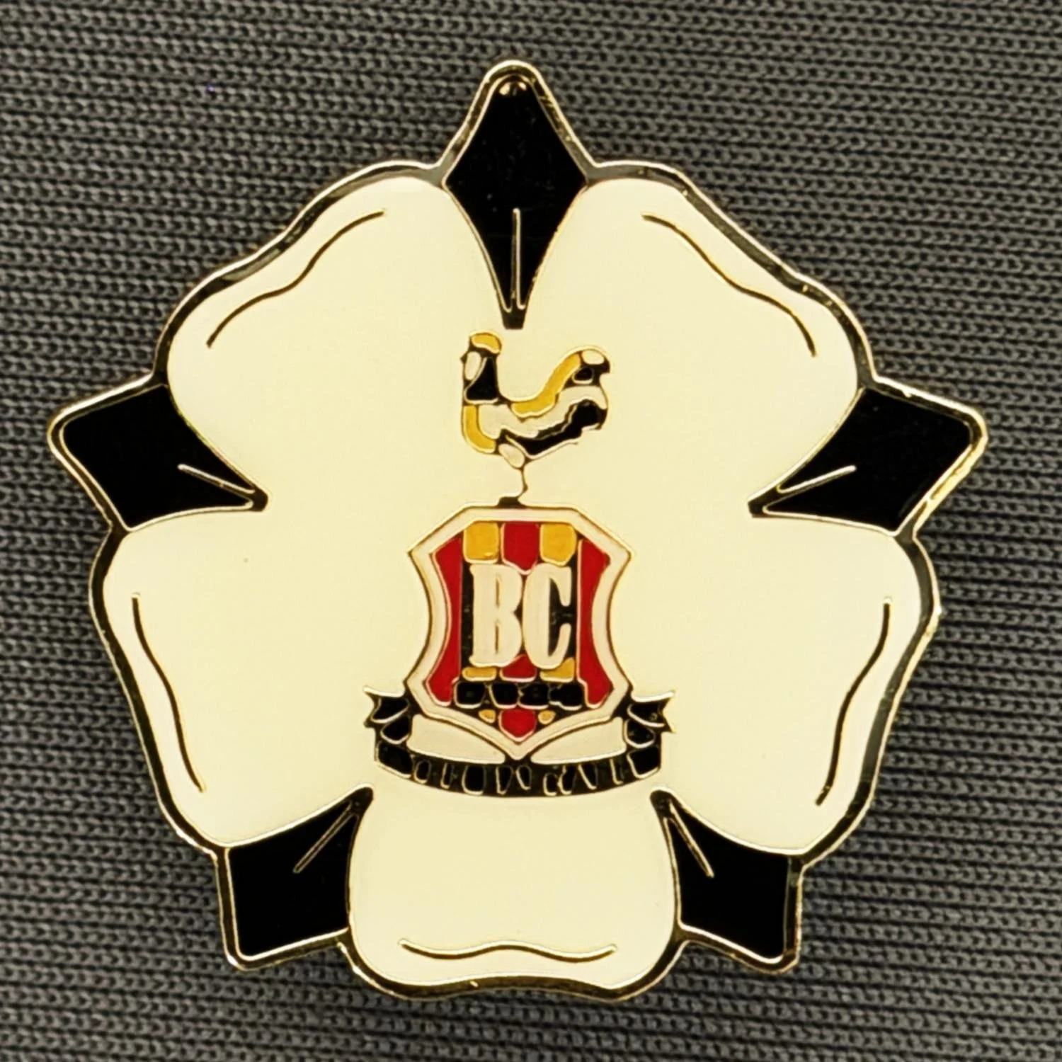 Reference Number: BCYR028
Size: H 25.5 mm x W 25.5 mm
Pin Type: Brooch Pin
Plating: Gold
Value: £6
Manufacturer: Unknown
Comments: Black & White Yorkshire Rose City Logo. Plastic Domed.
