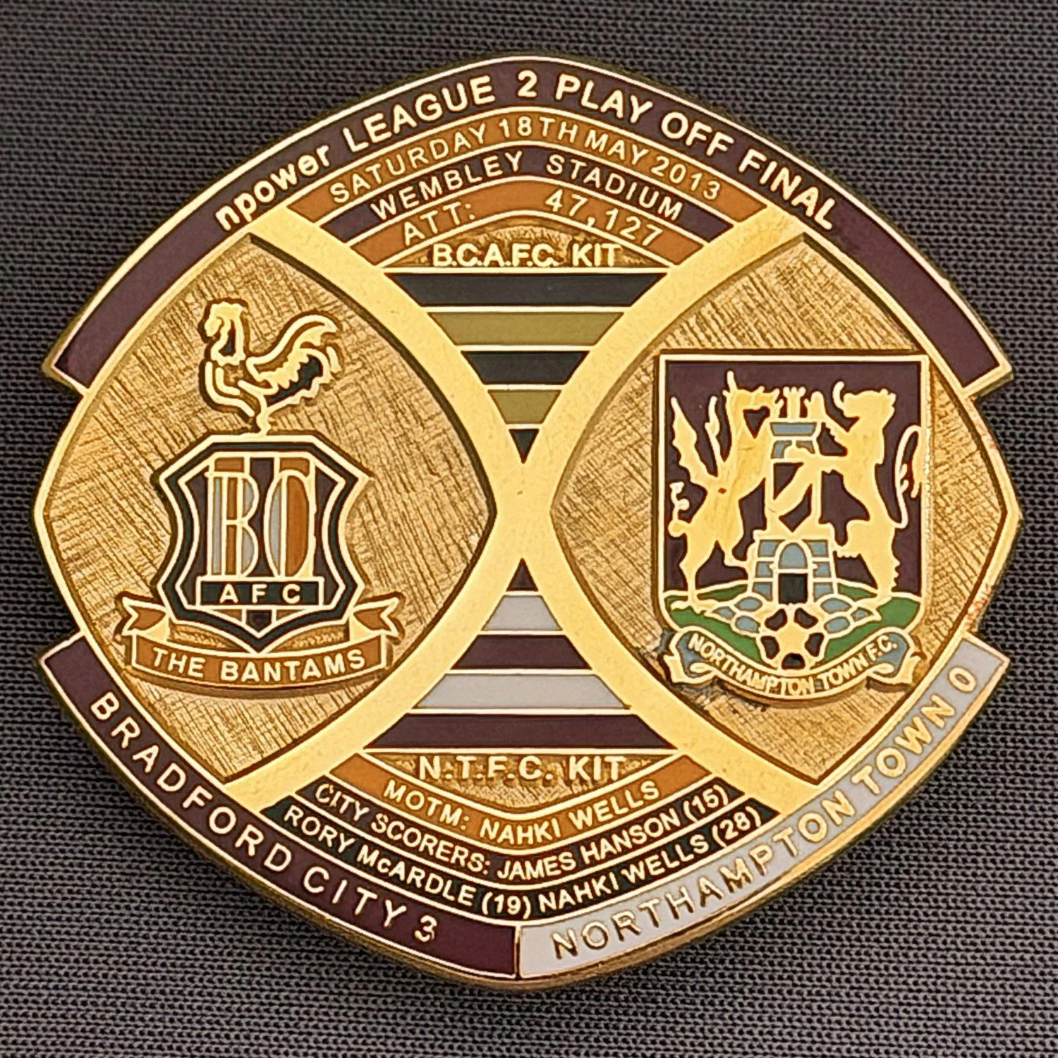 Reference Number: BCOFIX003
Size: H 40 mm x W 42.1 mm
Pin Type: Brooch Pin
Plating: Gold
Value: £8
Manufacturer: Bradford City Badges
Comments: League 2 Play Off Final v Northampton Town 2013, Limited Edition 50