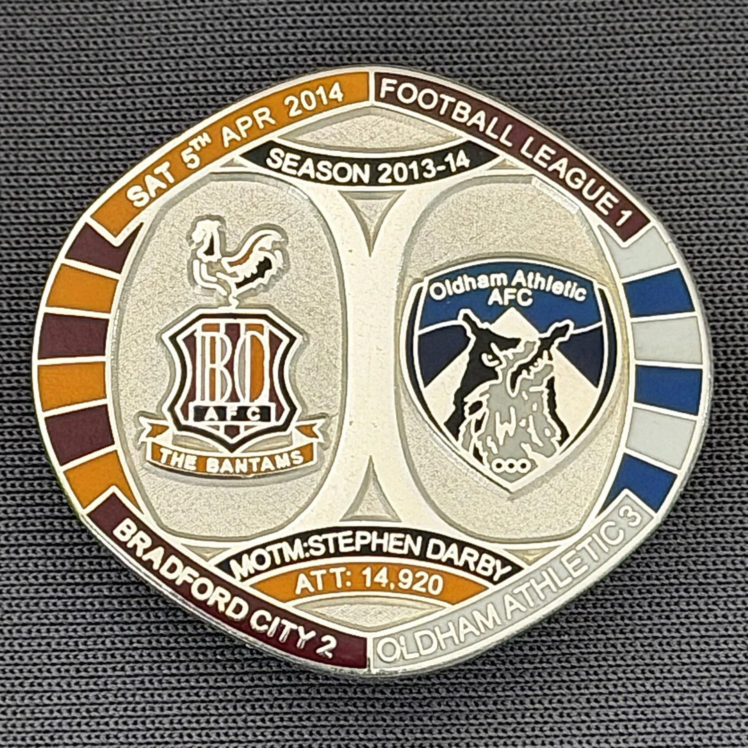 Reference Number: BCFIX228
Size: H 26.3 mm x W 28.9 mm
Pin Type: Brooch Pin
Plating: Silver
Value: £10
Manufacturer: Bradford City Badges
Comments: Bradford City v Oldham Athletic  2013/14 Limited Edition 10 Badges (Silver Version)