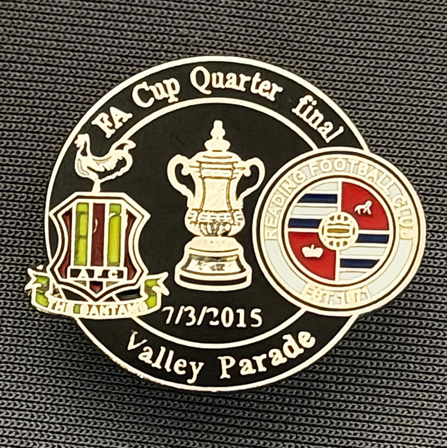 Reference Number: BCFAC115
Size: H 21.8 mm x W 25.5 mm
Pin Type: Metal Clutch
Plating: Silver
Value: £4
Manufacturer: Dan Lloyd
Comments: F.A. Cup Quarter Final 2014/15, v Reading, Black Version