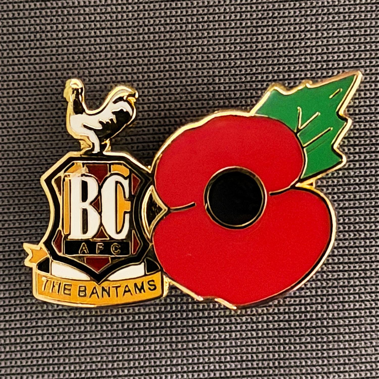 Reference Number: BCPOP006
Size: H 17 mm x W 25.5 mm
Pin Type: Metal Clutch
Plating: Gold
Value: £5
Manufacturer: Unknown
Comments: Bradford City Logo & Poppy
