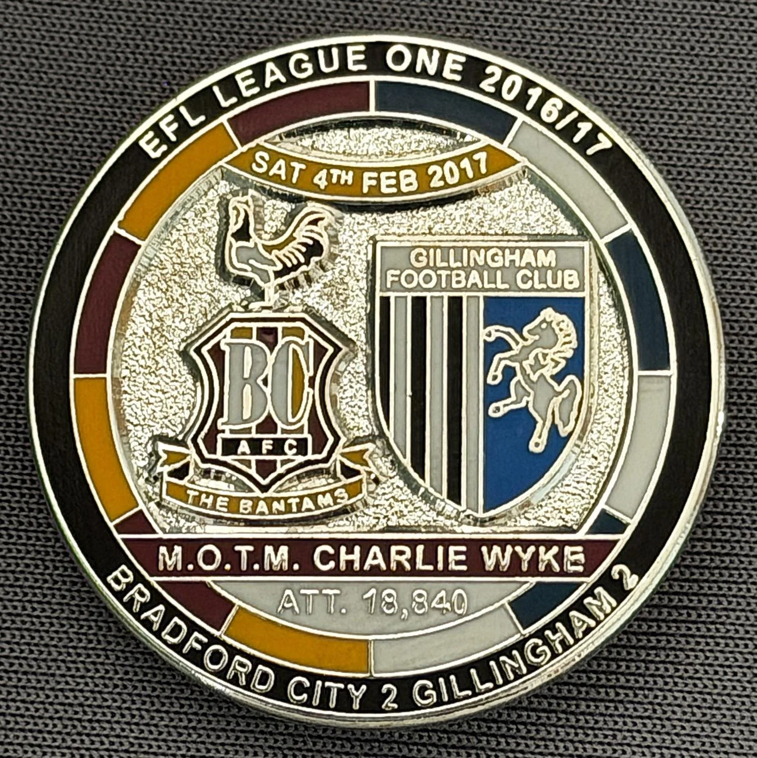 Reference Number: BCFIX407
Size: D 29.4 mm
Pin Type: Brooch Pin
Plating: Nickel
Value: £10
Manufacturer: Bradford City Badges
Comments: Bradford City v Gillingham 2016/17, Limited Edition of 10 Badges (Nickel Version)