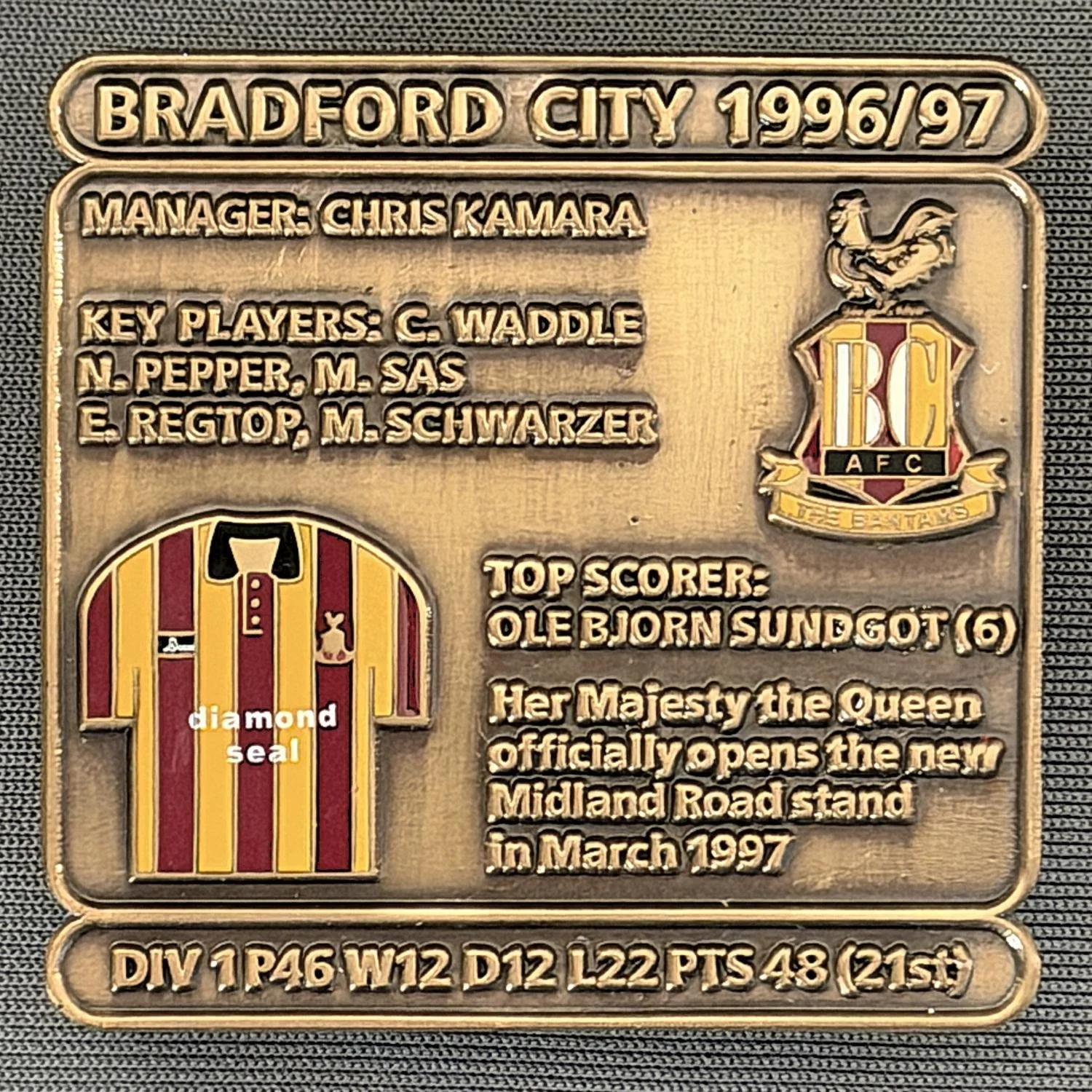 Reference Number: BCDEC183
Size: H 41.1 mm x W 42 mm
Pin Type: Double Metal Clutch
Plating: Antique Gold
Value: £8
Manufacturer: Historic Sports Badges Ltd
Comments: 1996/97 Season. Queen Opens Midland Road Stand
