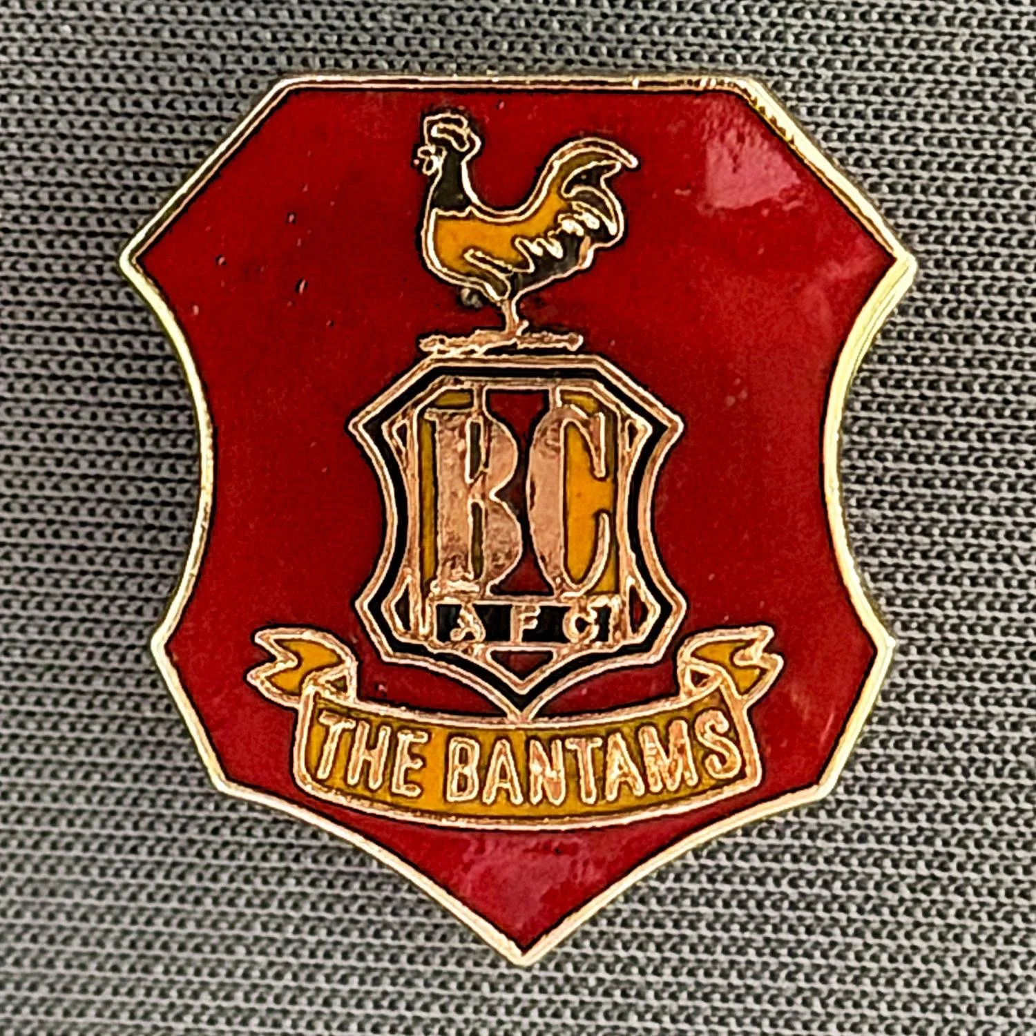 Reference Number: BCC&L010
Size: H 21.7 mm x W 18.9 mm
Pin Type: Metal Clutch
Plating: Gold
Value: £8
Manufacturer: Unknown
Comments: Claret City Shield Logo