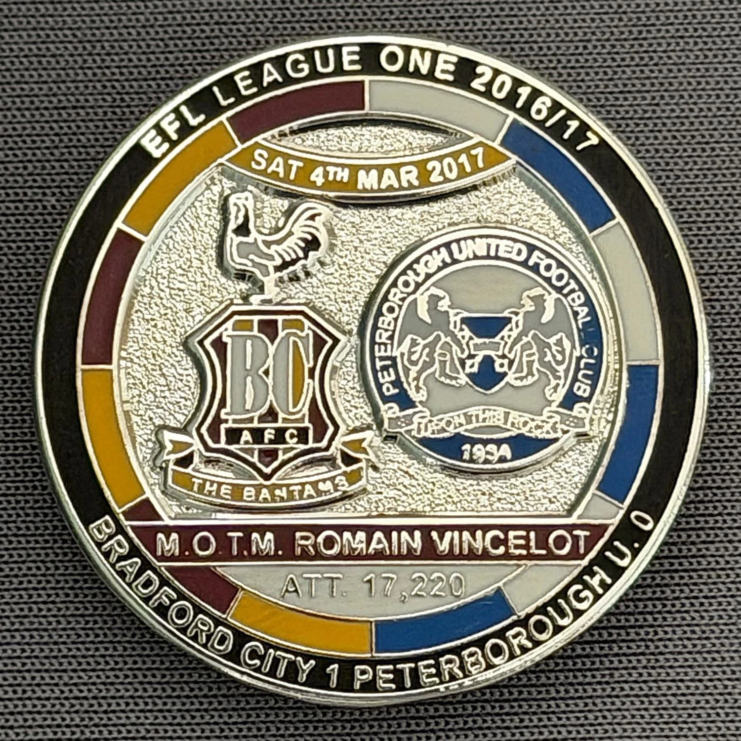 Reference Number: BCFIX410
Size: D 29.4 mm
Pin Type: Brooch Pin
Plating: Nickel
Value: £10
Manufacturer: Bradford City Badges
Comments: Bradford City v Peterborough 2016/17, Limited Edition of 10 Badges (Nickel Version)