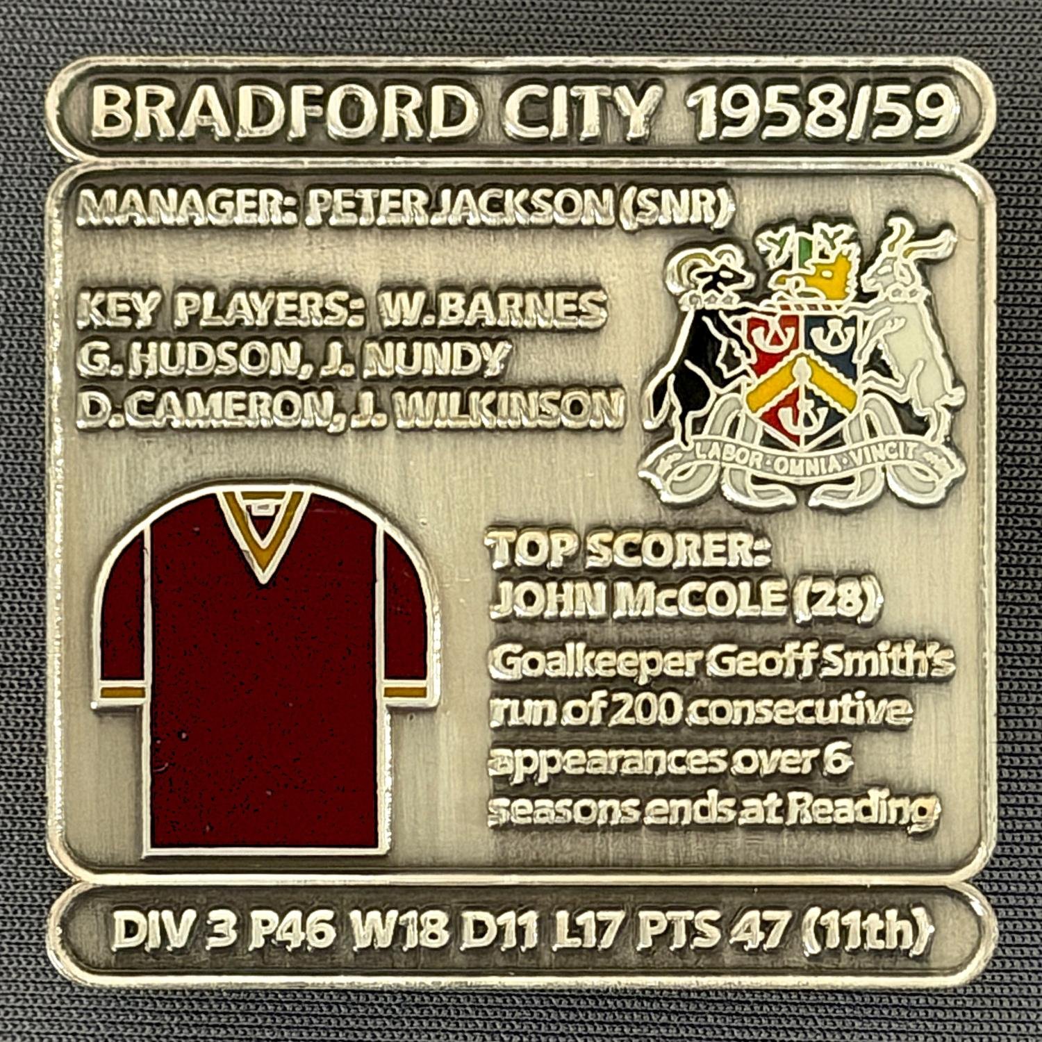 Reference Number: BCDEC115
Size: H 41.1 mm x W 42 mm
Pin Type: Double Metal Clutch
Plating: Antique Silver
Value: £8
Manufacturer: Historic Sports Badges Ltd
Comments: 1958/59 Season