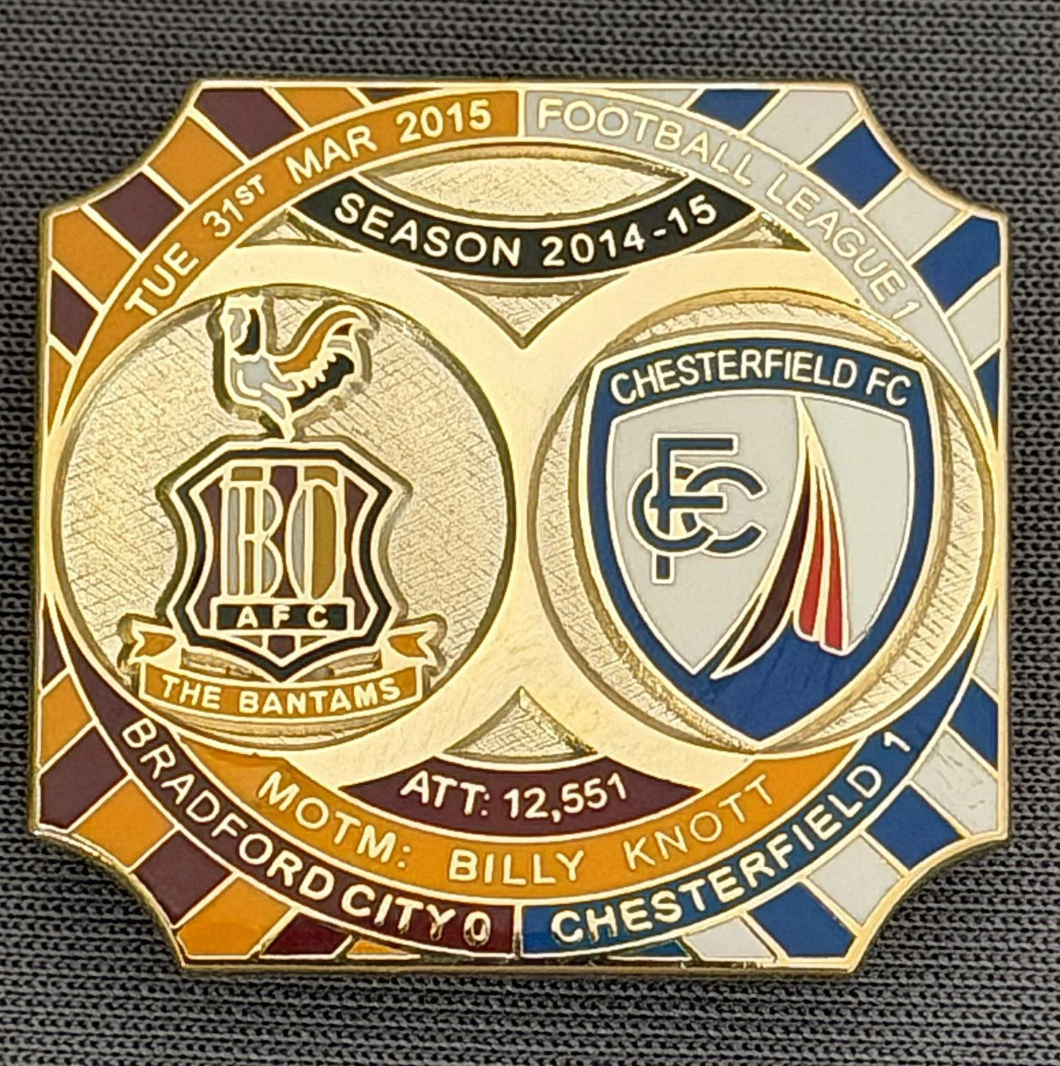 Reference Number: BCFIX273
Size: H 26.8 mm x W 28.8 mm
Pin Type: Brooch Pin
Plating: Gold
Value: £8
Manufacturer: Bradford City Badges
Comments: Bradford City v Chesterfield 2014/15, Limited Edition of 50 Badges (Gold Version)