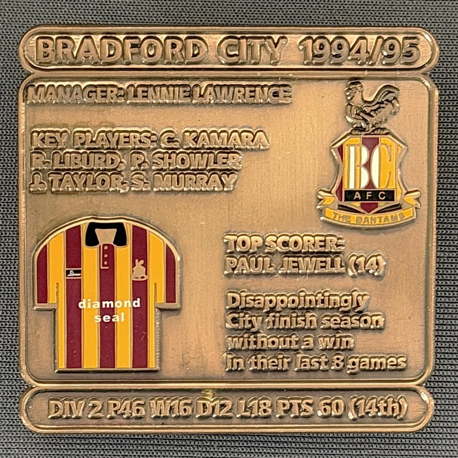 Reference Number: BCDEC181
Size: H 41.1 mm x W 42 mm
Pin Type: Double Metal Clutch
Plating: Antique Gold
Value: £8
Manufacturer: Historic Sports Badges Ltd
Comments: 1994/95 Season