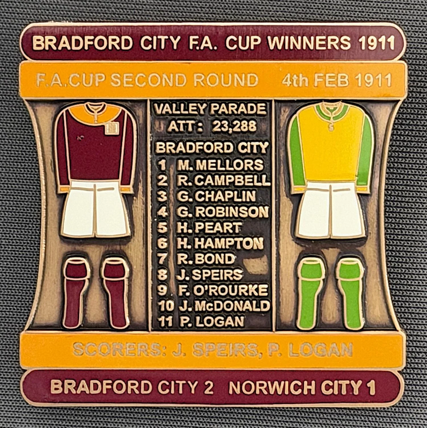 Reference Number: BCFAC018
Size: H 41.8 mm x W 42.2 mm
Pin Type: Double Metal Clutch
Plating: Antique Gold
Value: £15
Manufacturer: Bradford City Badges
Comments: 1911 F.A. Cup Second Round v Norwich City, Claret & Amber Enamel, Limited Edition of 1