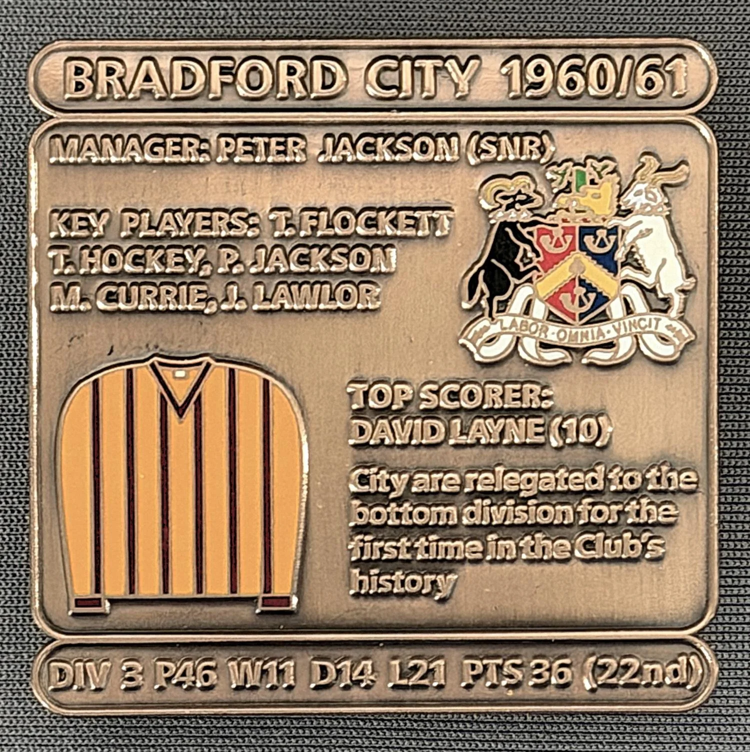 Reference Number: BCDEC117
Size: H 41.1 mm x W 42 mm
Pin Type: Double Metal Clutch
Plating: Antique Gold
Value: £8
Manufacturer: Historic Sports Badges Ltd
Comments: 1960/61 Season
