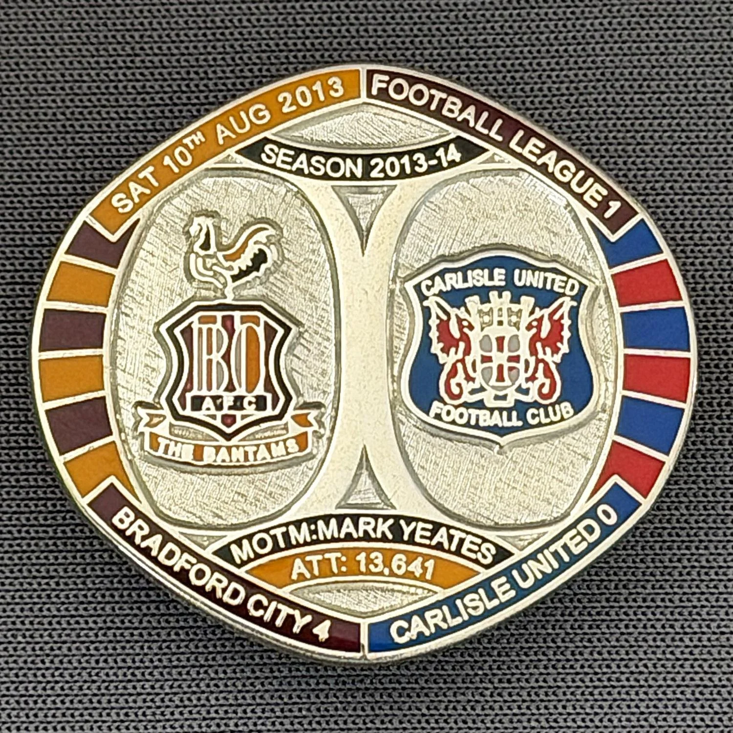Reference Number: BCFIX208
Size: H 26.3 mm x W 28.9 mm
Pin Type: Brooch Pin
Plating: Silver
Value: £10
Manufacturer: Bradford City Badges
Comments: Bradford City v Carlisle United  2013/14 Limited Edition 10 Badges (Silver Version)