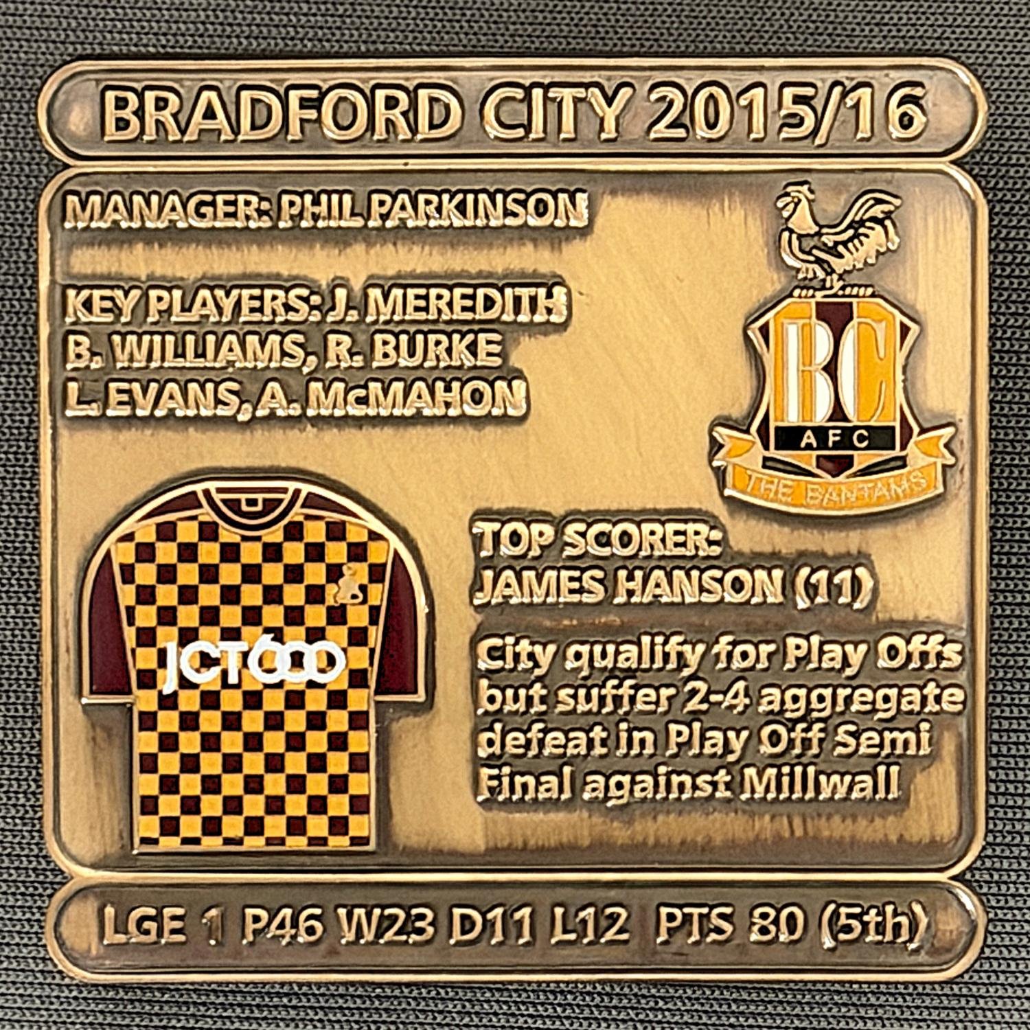 Reference Number: BCDEC222
Size: H 41.1 mm x W 42 mm
Pin Type: Double Metal Clutch
Plating: Antique Gold
Value: £8
Manufacturer: Historic Sports Badges Ltd
Comments: 2015/16 Season