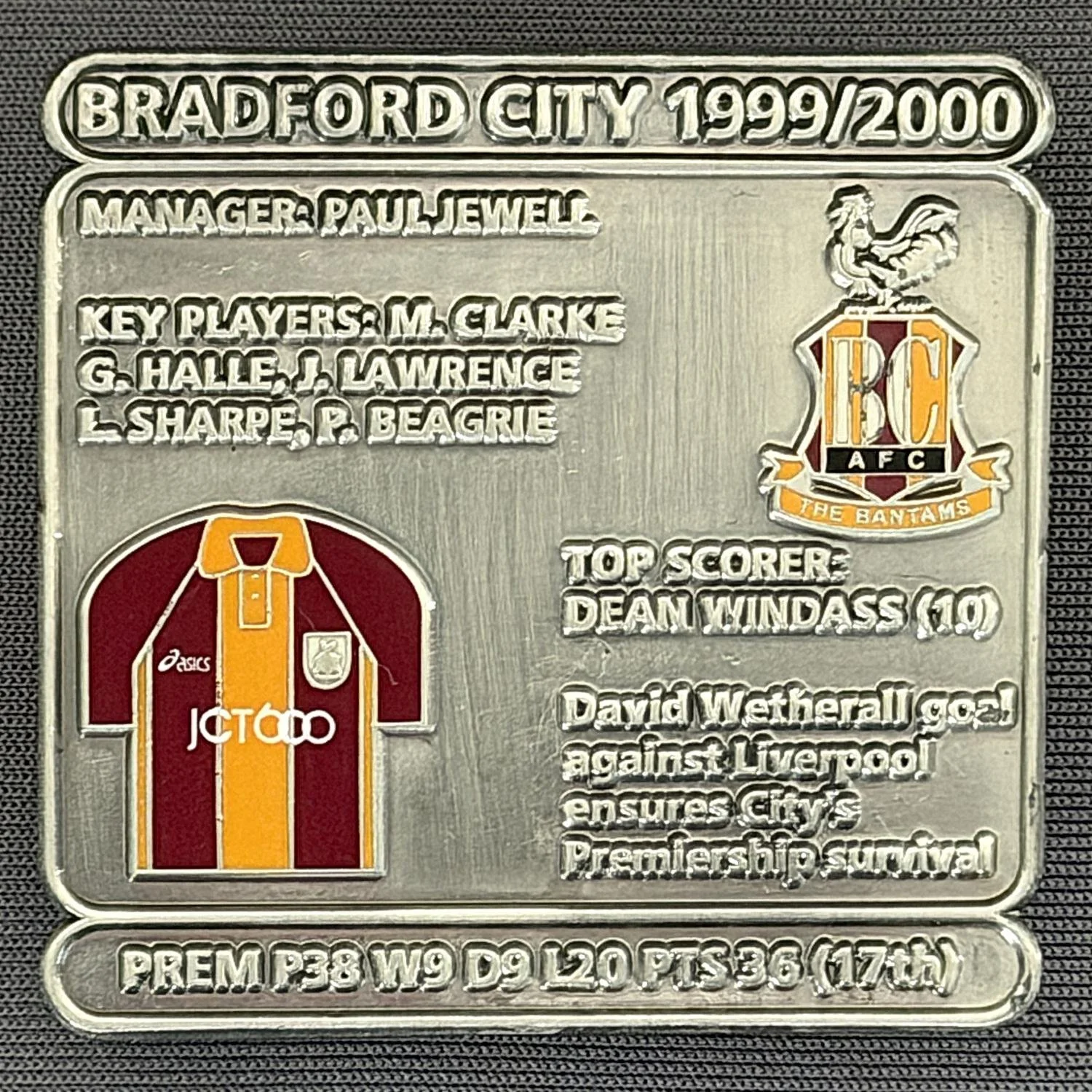 Reference Number: BCDEC196
Size: H 41.1 mm x W 42 mm
Pin Type: Double Metal Clutch
Plating: Antique Silver
Value: £8
Manufacturer: Historic Sports Badges Ltd
Comments: 1999/00 Season