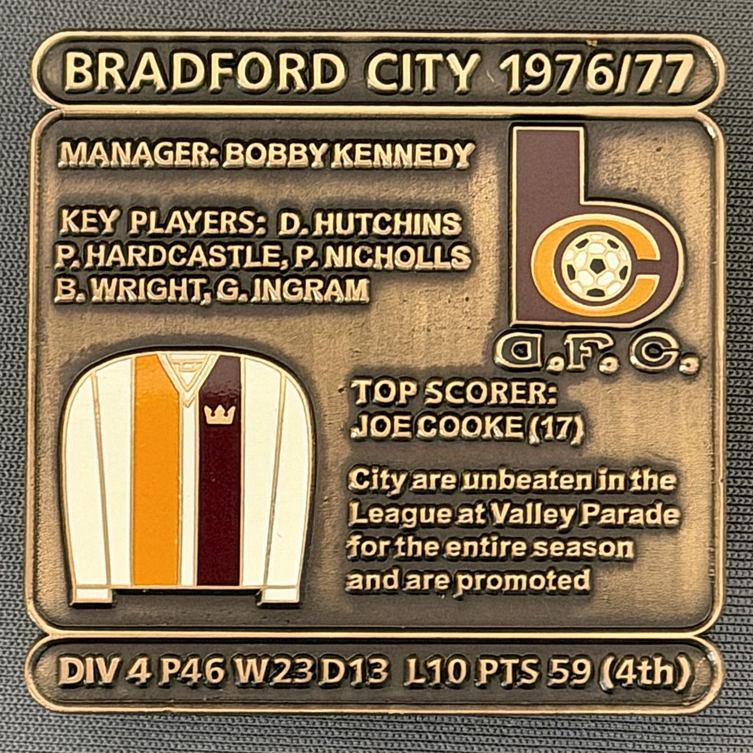Reference Number: BCDEC143
Size: H 41.1 mm x W 42 mm
Pin Type: Double Metal Clutch
Plating: Antique Gold
Value: £8
Manufacturer: Historic Sports Badges Ltd
Comments: 1976/77 Season