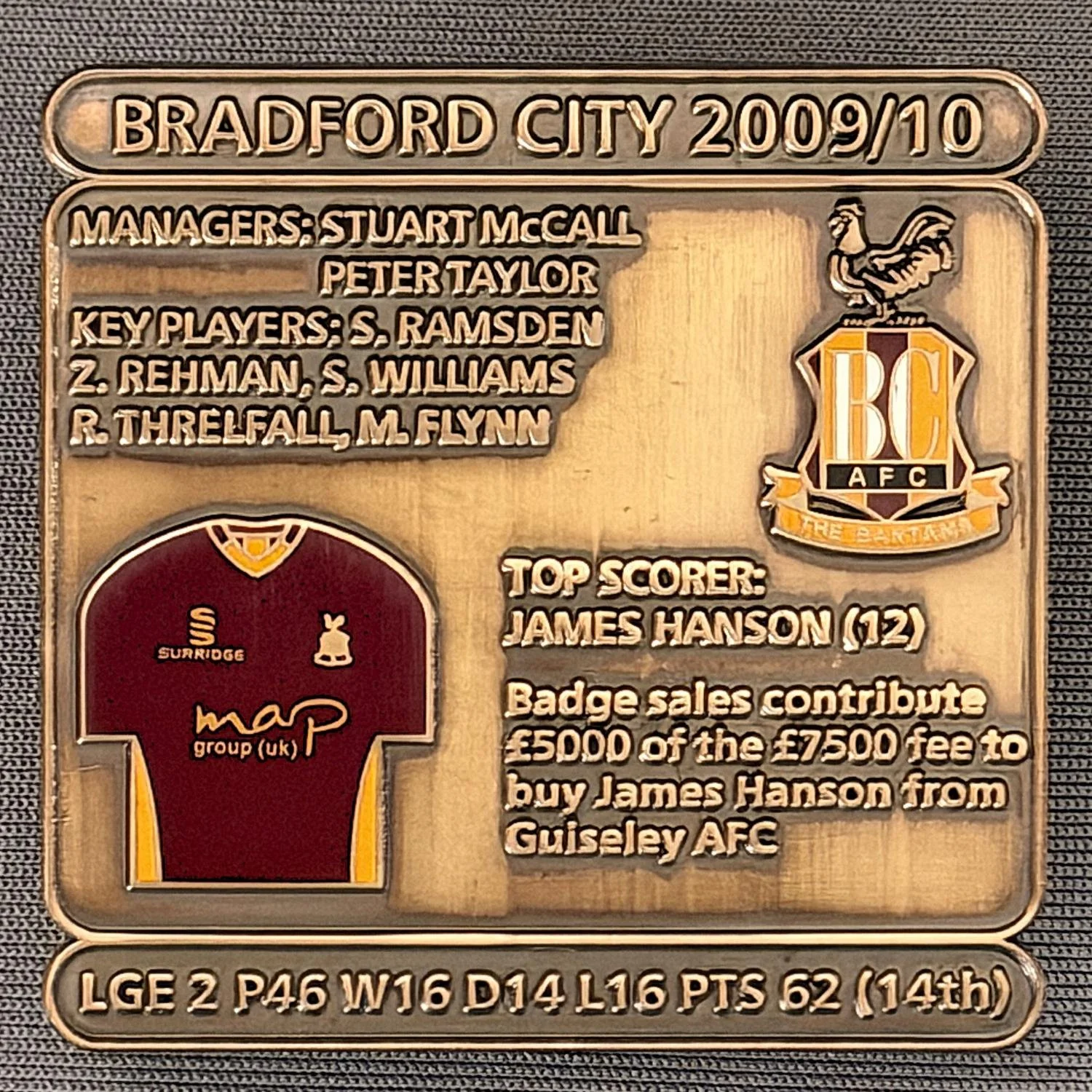 Reference Number: BCDEC206
Size: H 41.1 mm x W 42 mm
Pin Type: Double Metal Clutch
Plating: Antique Gold
Value: £8
Manufacturer: Historic Sports Badges Ltd
Comments: 2009/10 Season
