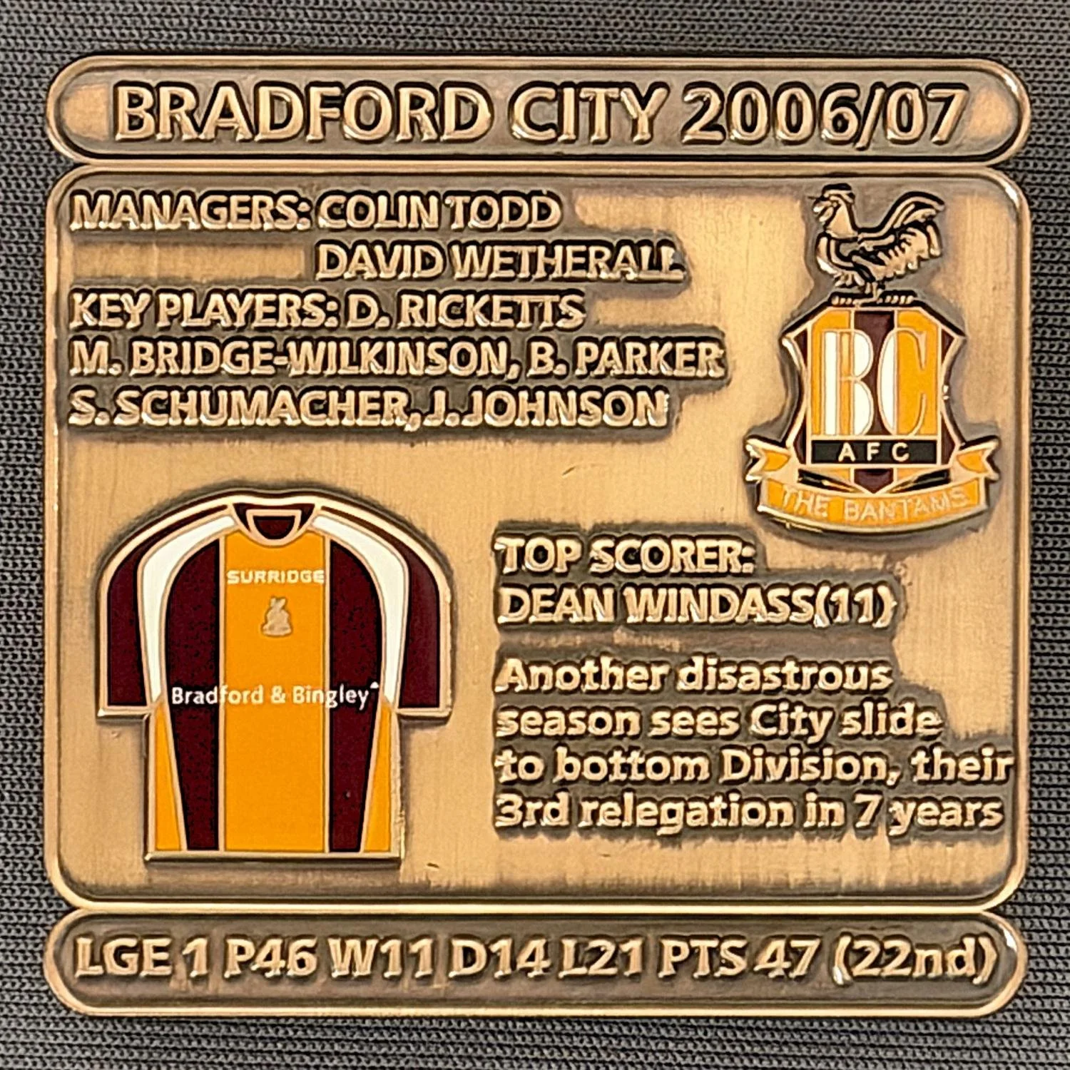 Reference Number: BCDEC203
Size: H 41.1 mm x W 42 mm
Pin Type: Double Metal Clutch
Plating: Antique Gold
Value: £8
Manufacturer: Historic Sports Badges Ltd
Comments: 2006/07 Season