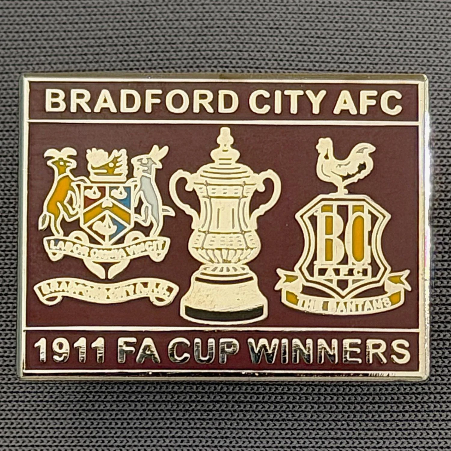 Reference Number: BCFAC036
Size: H 20.4 mm x W 26.8 mm
Pin Type: Metal Clutch
Plating: Silver
Value: £5
Manufacturer: Dan Lloyd
Comments: Bradford City 1911 F.A. Cup Winners, Claret Version