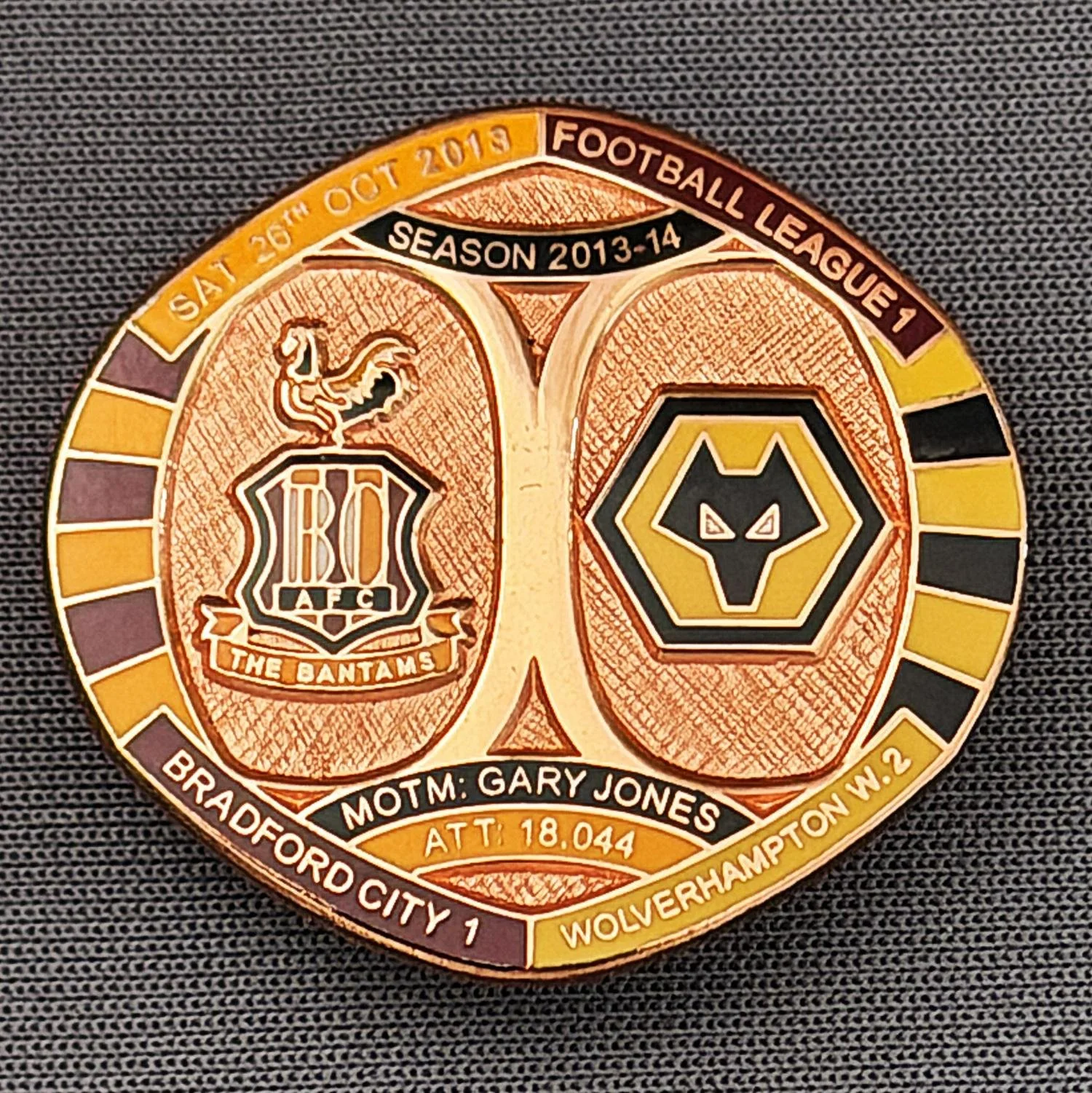 Reference Number: BCFIX237
Size: H 26.3 mm x W 28.9 mm
Pin Type: Brooch Pin
Plating: Copper
Value: £12
Manufacturer: Bradford City Badges
Comments: Bradford City v Wolves 2013/14, Limited Edition of 1 Badge (Copper Version)