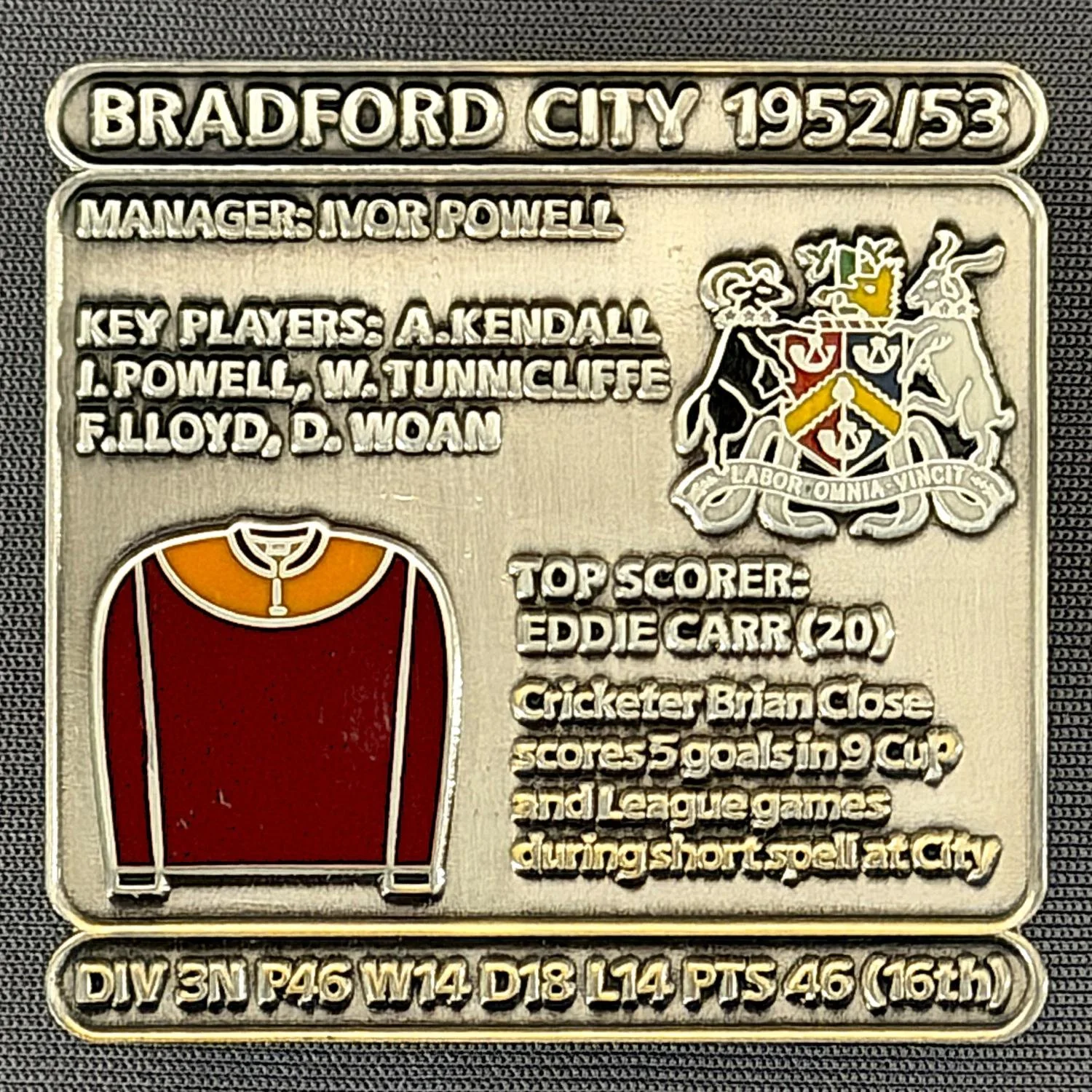 Reference Number: BCDEC109
Size: H 41.1 mm x W 42 mm
Pin Type: Double Metal Clutch
Plating: Antique Silver
Value: £8
Manufacturer: Historic Sports Badges Ltd
Comments: 1952/53 Season