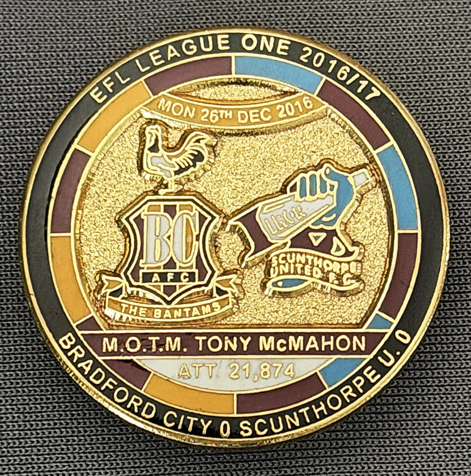 Reference Number: BCFIX380
Size: D 29.4 mm
Pin Type: Brooch Pin
Plating: Gold
Value: £8
Manufacturer: Bradford City Badges
Comments: Bradford City v Scunthorpe  2015/16, Limited Edition of 50 Badges (Gold Version)
