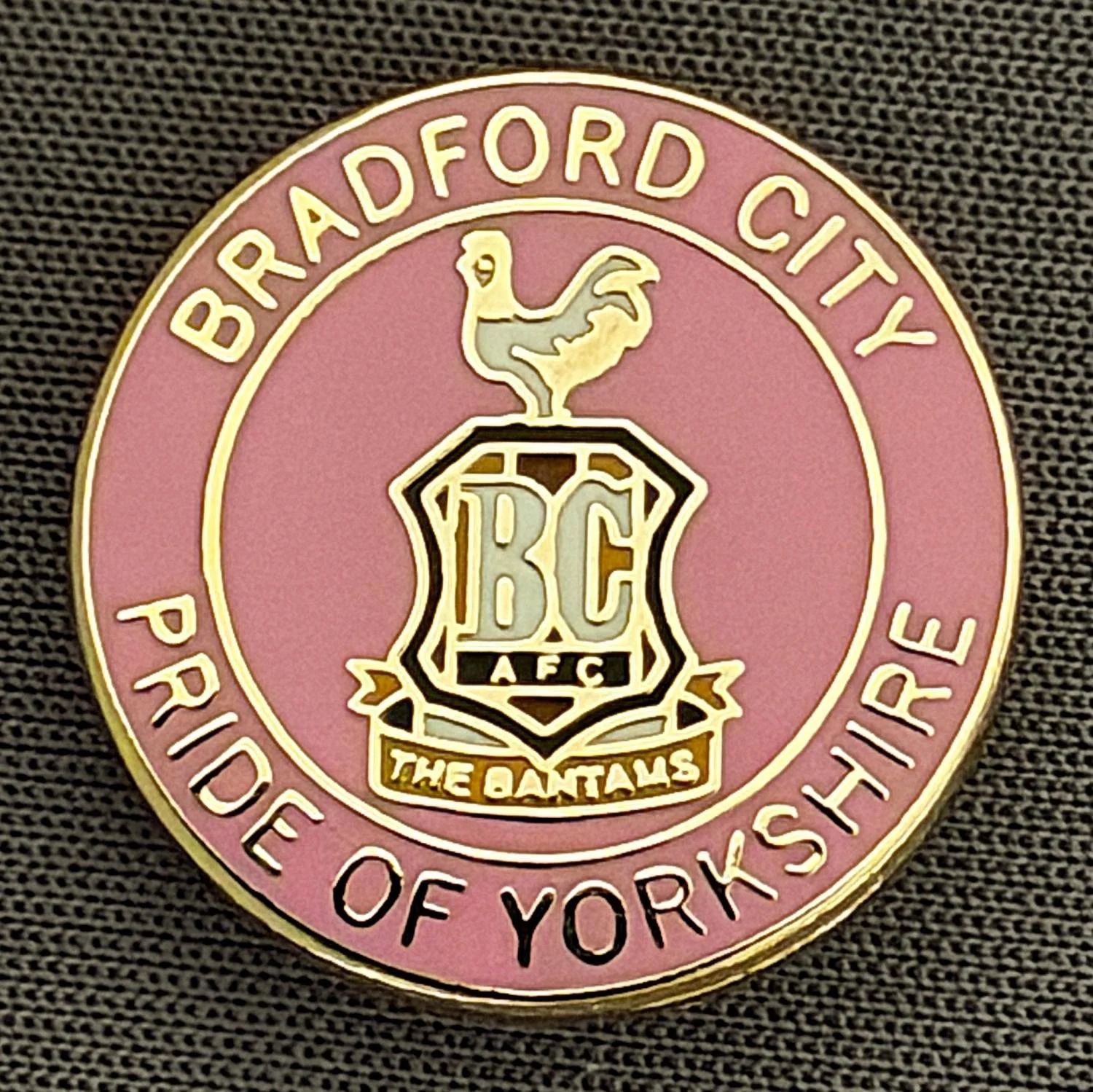 Reference Number: BCC&L106
Size: D 19.3 mm
Pin Type: Brooch Pin
Plating: Gold
Value: £6
Manufacturer: Unknown
Comments: Pink Pride of Yorkshire City Crest