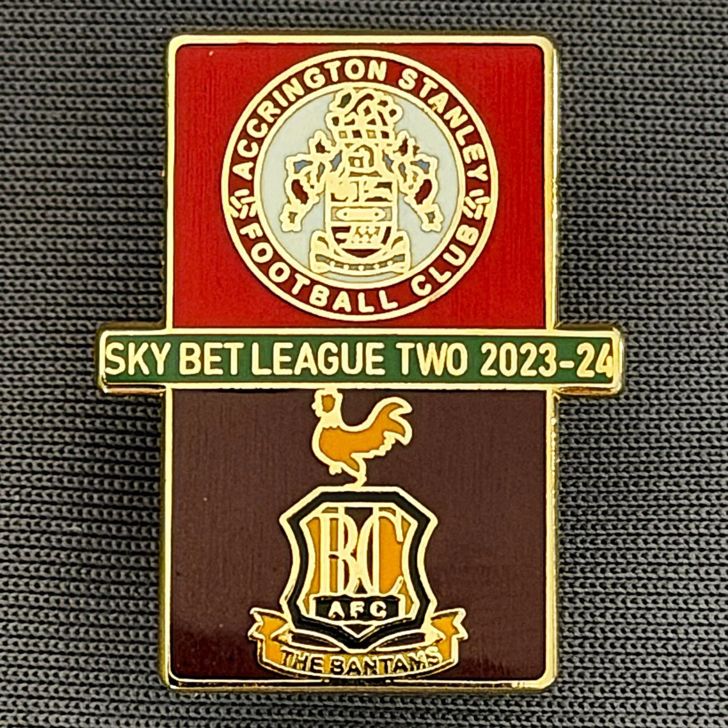 Reference Number: BCOFIX108
Size: H 25.5 mm x W 20.3 mm
Pin Type: Rubber Clutch
Plating: Gold
Value: £5
Manufacturer: Black Dragon
Comments: Accrington Stanley v Bradford City, League Two 2023/23