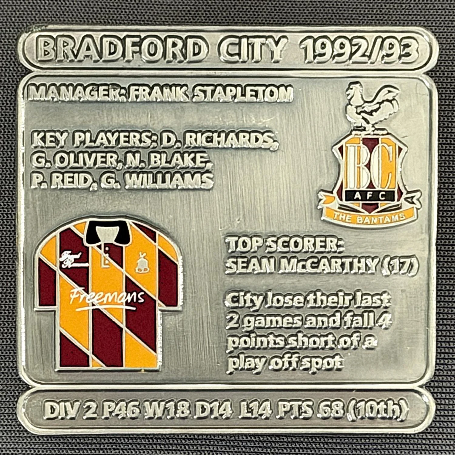 Reference Number: BCDEC189
Size: H 41.1 mm x W 42 mm
Pin Type: Double Metal Clutch
Plating: Antique Silver
Value: £8
Manufacturer: Historic Sports Badges Ltd
Comments: 1992/93 Season