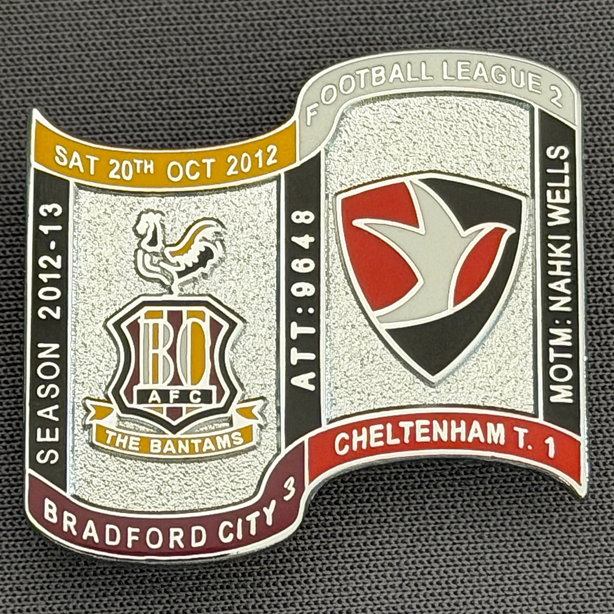 Reference Number: BCFIX145
Size: H 26.9 mm x W 29.2 mm
Pin Type: Brooch Pin
Plating: Chrome
Value: £10
Manufacturer: Bradford City Badges
Comments: Bradford City v Fleetwood Town Town  2012/13 Limited Edition 10 Badges (Silver Version)