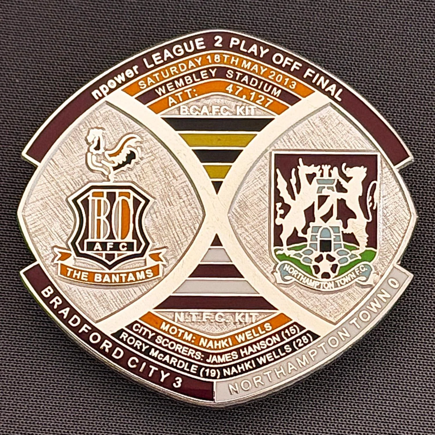 Reference Number: BCOFIX015
Size: H 40 mm x W 42.1 mm
Pin Type: Brooch Pin
Plating: Chrome
Value: £15
Manufacturer: Bradford City Badges
Comments: League 2 Play Off Final v Northampton Town 2013, Limited Edition 1