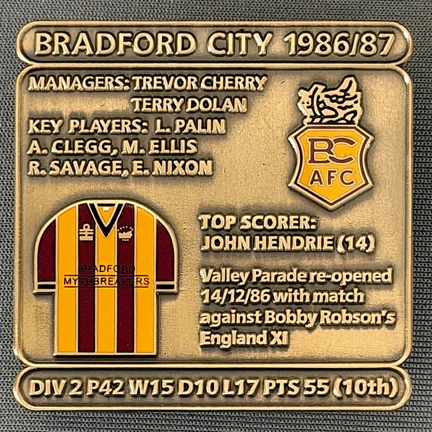 Reference Number: BCDEC163
Size: H 41.1 mm x W 42 mm
Pin Type: Double Metal Clutch
Plating: Antique Gold
Value: £8
Manufacturer: Historic Sports Badges Ltd
Comments: 1986/87 Season
