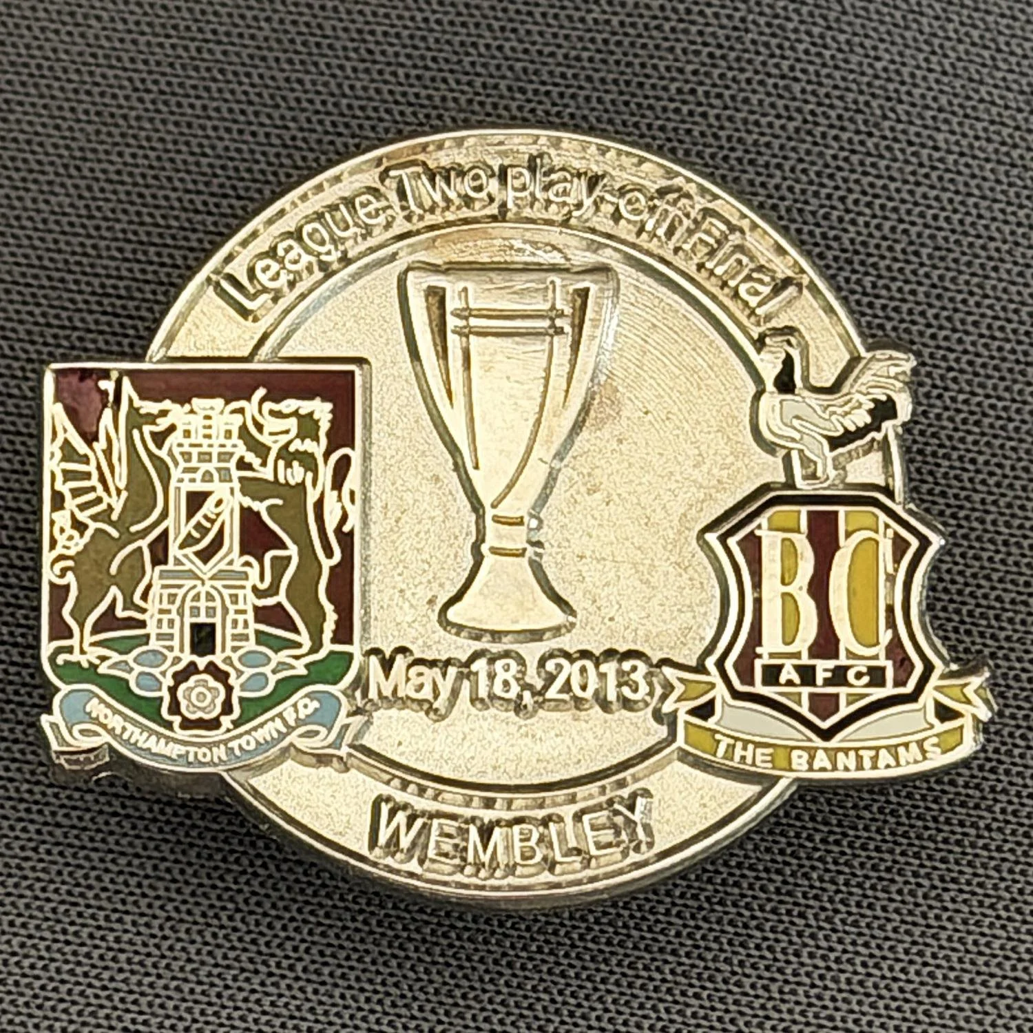 Reference Number: BCOFIX035
Size: H 23.7 mm x W 28.4 mm
Pin Type: Metal Clutch
Plating: Antique Silver
Value: £4
Manufacturer: Dan Lloyd
Comments: League 2 Play Off Final City v Northampton Town 2013, Silver Version
