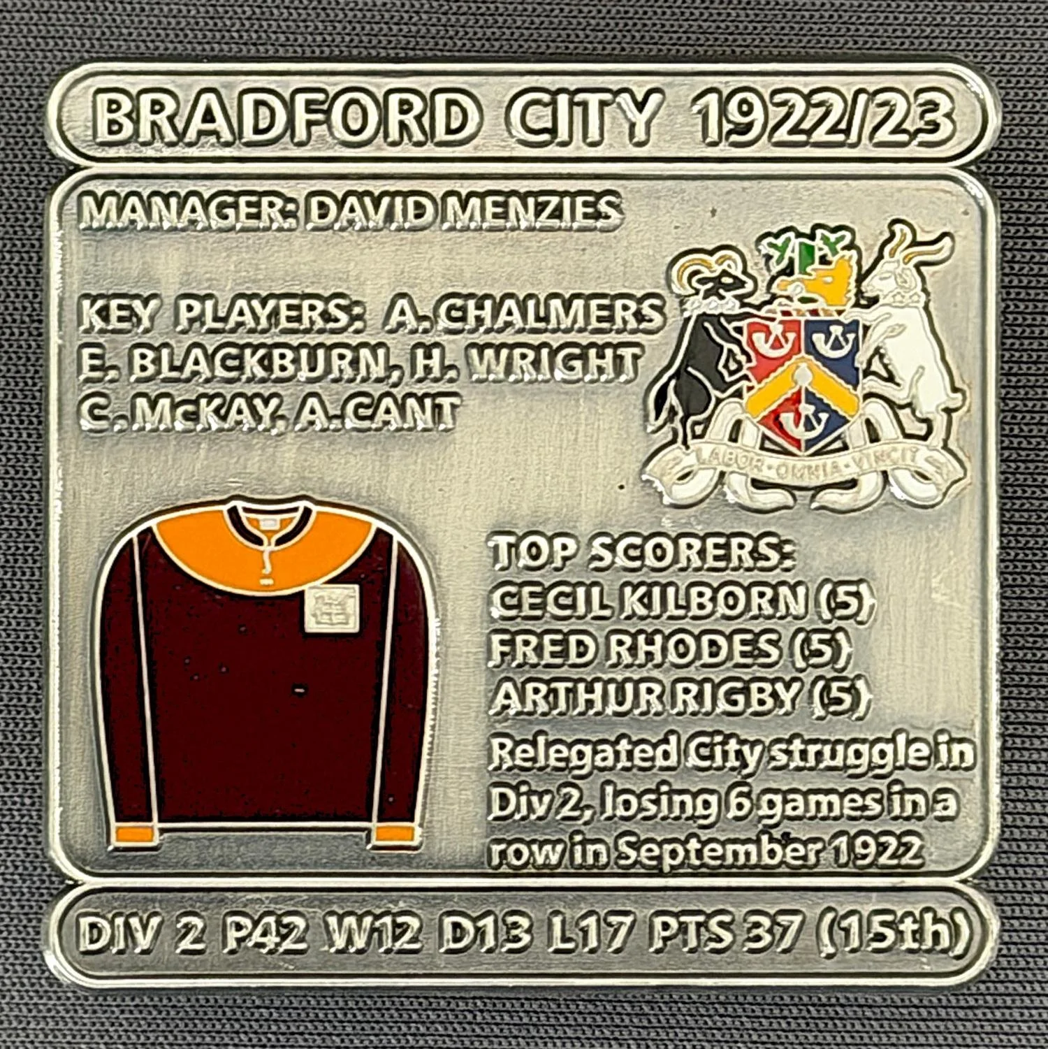 Reference Number: BCDEC049
Size: H 41.1 mm x W 42 mm
Pin Type: Double Metal Clutch
Plating: Antique Silver
Value: £8
Manufacturer: Historic Sports Badges Ltd
Comments: 1922/23 Season