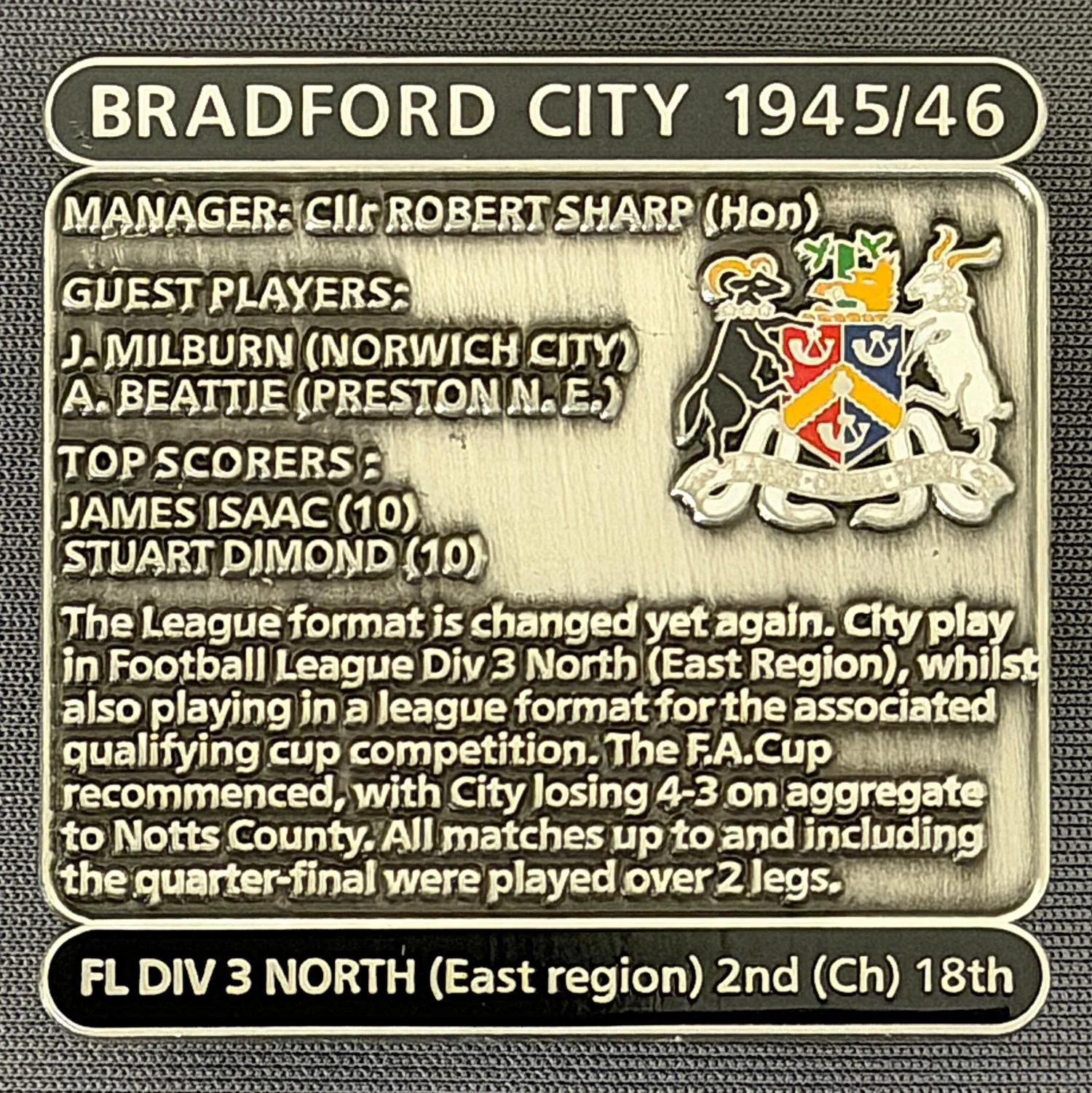 Reference Number: BCDEC092
Size: H 41.1 mm x W 42 mm
Pin Type: Double Metal Clutch
Plating: Antique Silver
Value: £8
Manufacturer: Historic Sports Badges Ltd
Comments: 1945/46 Season. World War 2.