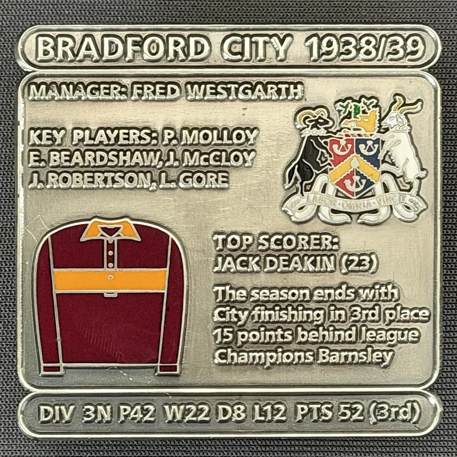 Reference Number: BCDEC075
Size: H 41.1 mm x W 42 mm
Pin Type: Double Metal Clutch
Plating: Antique Silver
Value: £8
Manufacturer: Historic Sports Badges Ltd
Comments: 1938/39 Season