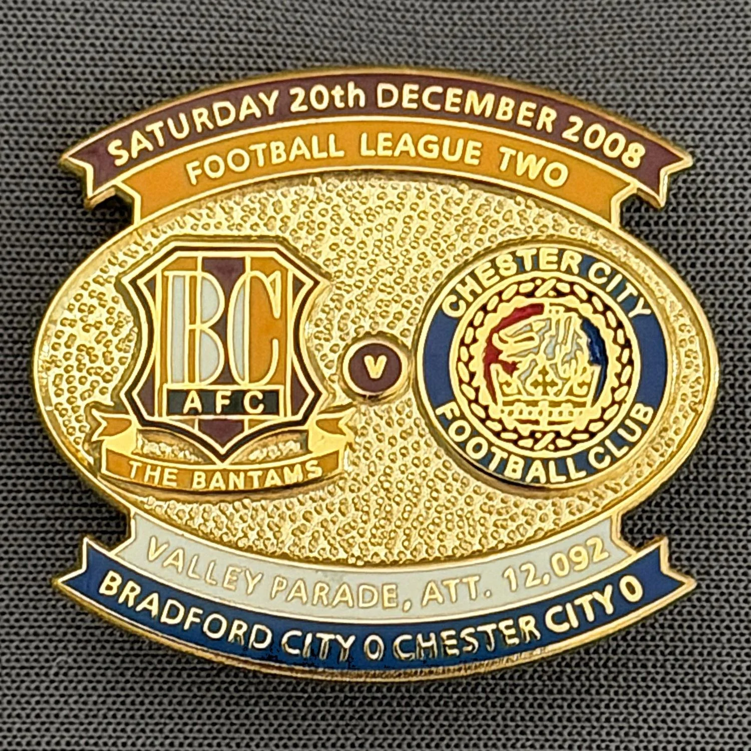 Reference Number: BCFIX011
Size: H 26.6 mm x W 29 mm
Pin Type: Brooch Pin
Plating: Gold
Value: £8
Manufacturer: Bradford City Badges
Comments: Bradford City v Chester City 2008/09 Limited Edition 100 Badges
