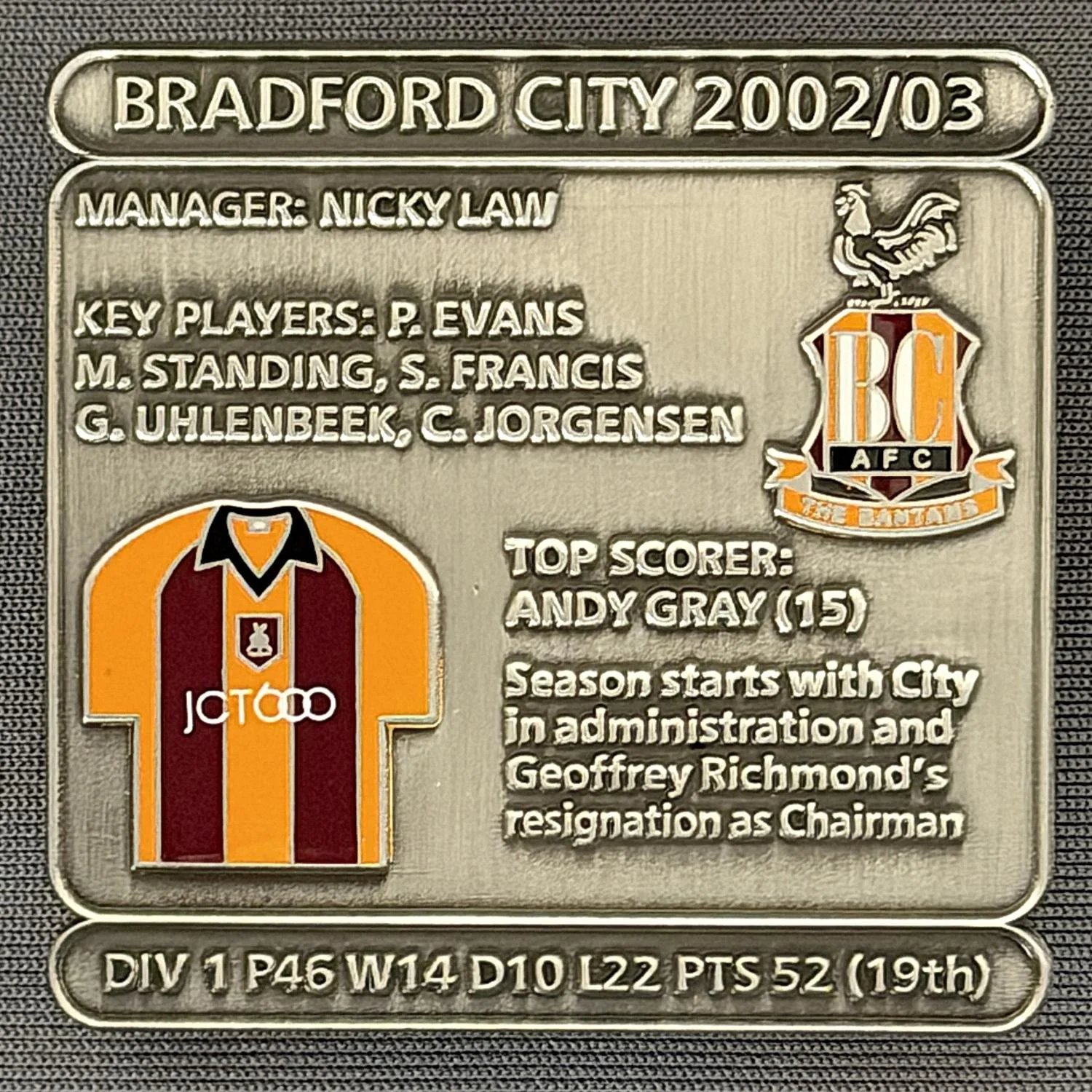 Reference Number: BCDEC209
Size: H 41.1 mm x W 42 mm
Pin Type: Double Metal Clutch
Plating: Antique Silver
Value: £8
Manufacturer: Historic Sports Badges Ltd
Comments: 2002/03 Season