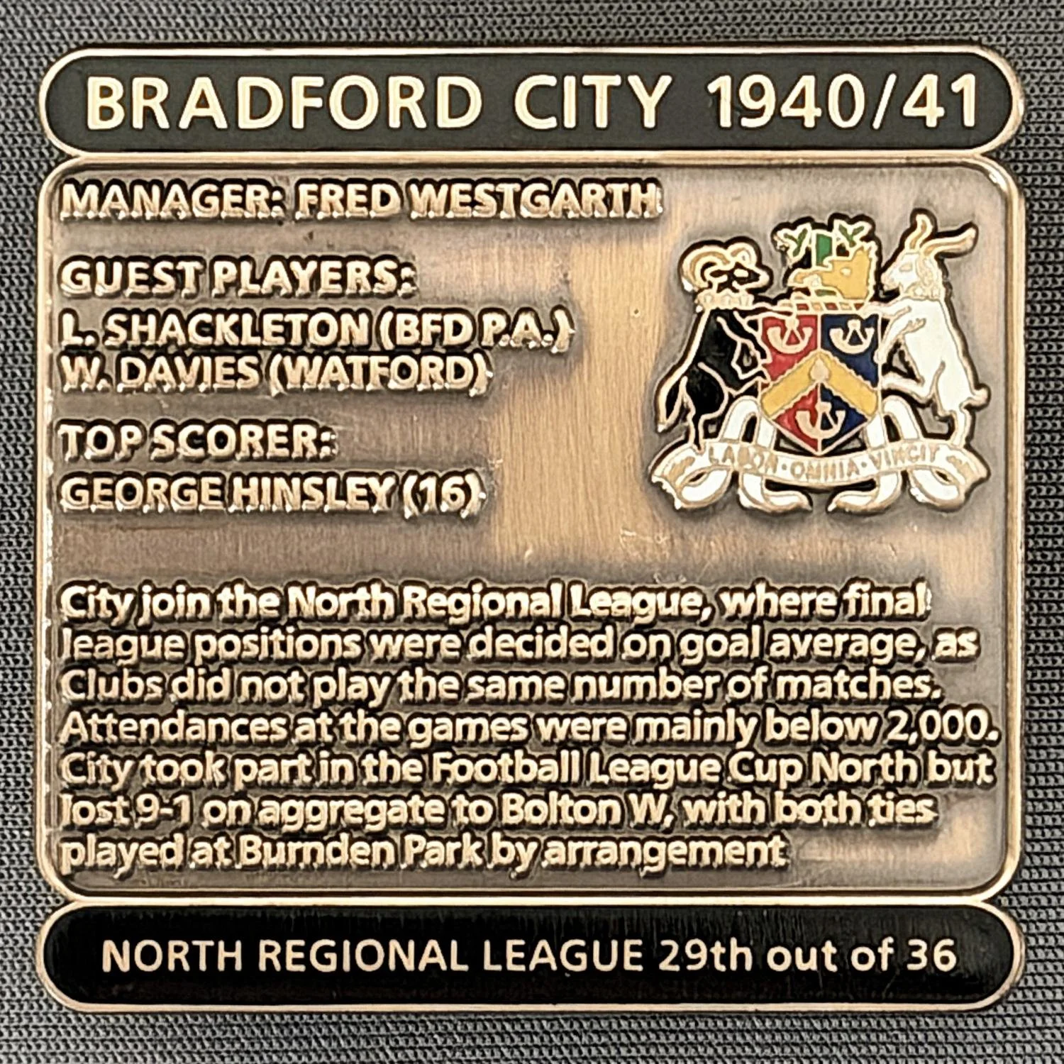 Reference Number: BCDEC077
Size: H 41.1 mm x W 42 mm
Pin Type: Double Metal Clutch
Plating: Antique Gold
Value: £8
Manufacturer: Historic Sports Badges Ltd
Comments: 1940/41 Season. World War 2.
