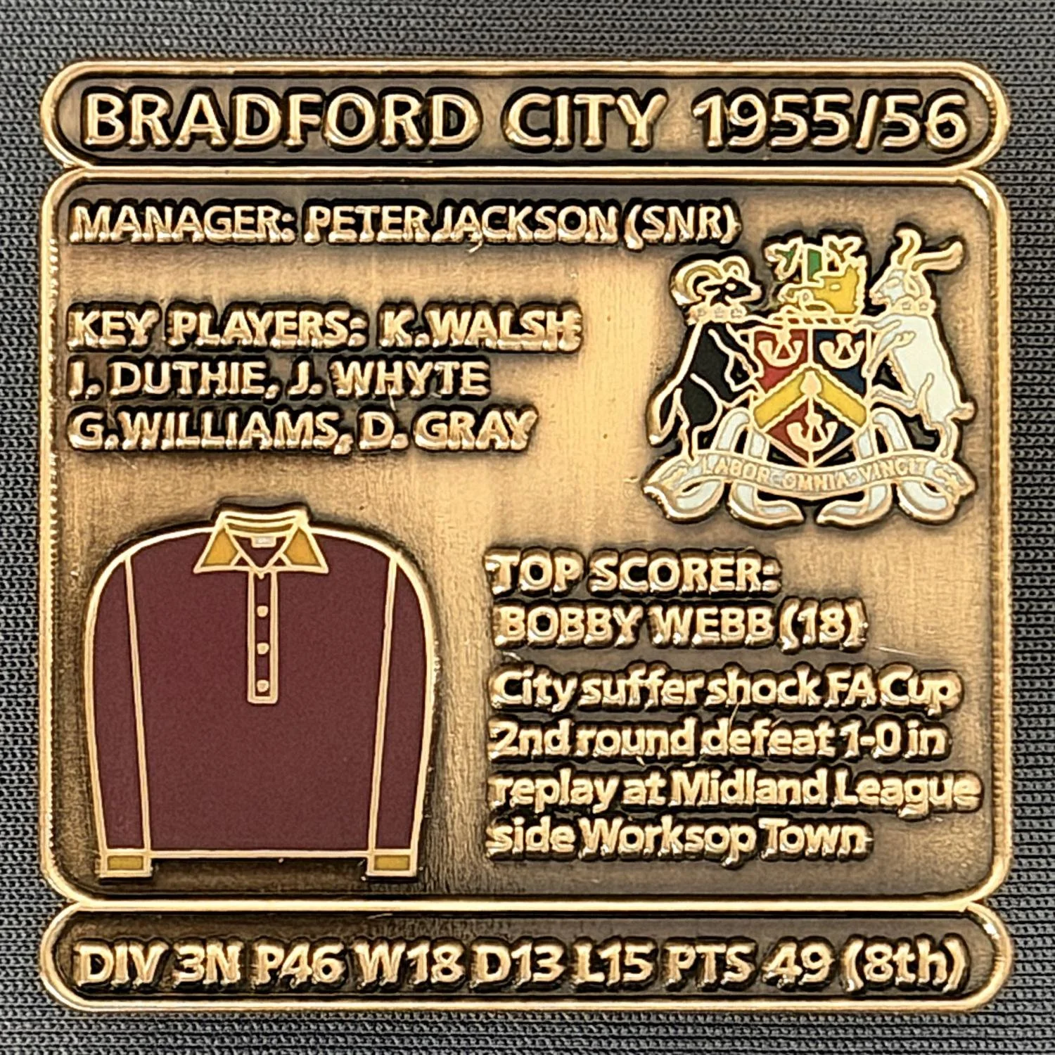 Reference Number: BCDEC102
Size: H 41.1 mm x W 42 mm
Pin Type: Double Metal Clutch
Plating: Antique Gold
Value: £8
Manufacturer: Historic Sports Badges Ltd
Comments: 1955/56 Season