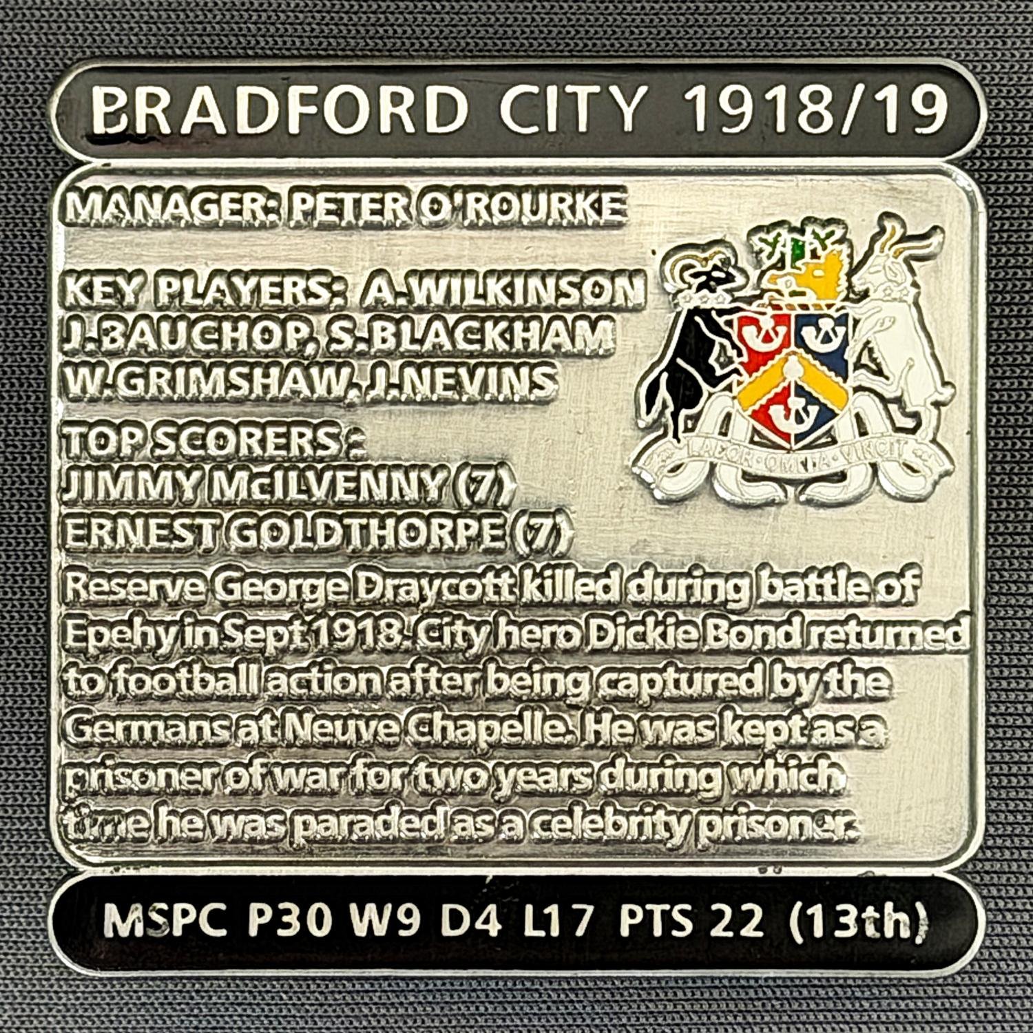 Reference Number: BCDEC035
Size: H 41.1 mm x W 42 mm
Pin Type: Double Metal Clutch
Plating: Antique Silver
Value: £8
Manufacturer: Historic Sports Badges Ltd
Comments: 1918/19 Season, 1st World War