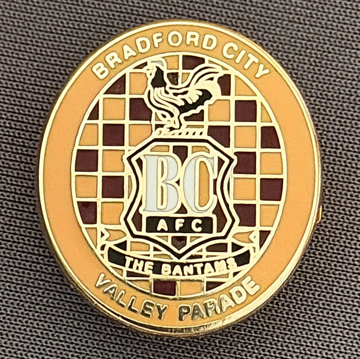 Reference Number: BCC&L099
Size: H 22.6 mm x 20.3  mm
Pin Type: Brooch Pin
Plating: Gold
Value: £6
Manufacturer: Unknown
Comments: Oval Amber & Claret Check City Crest