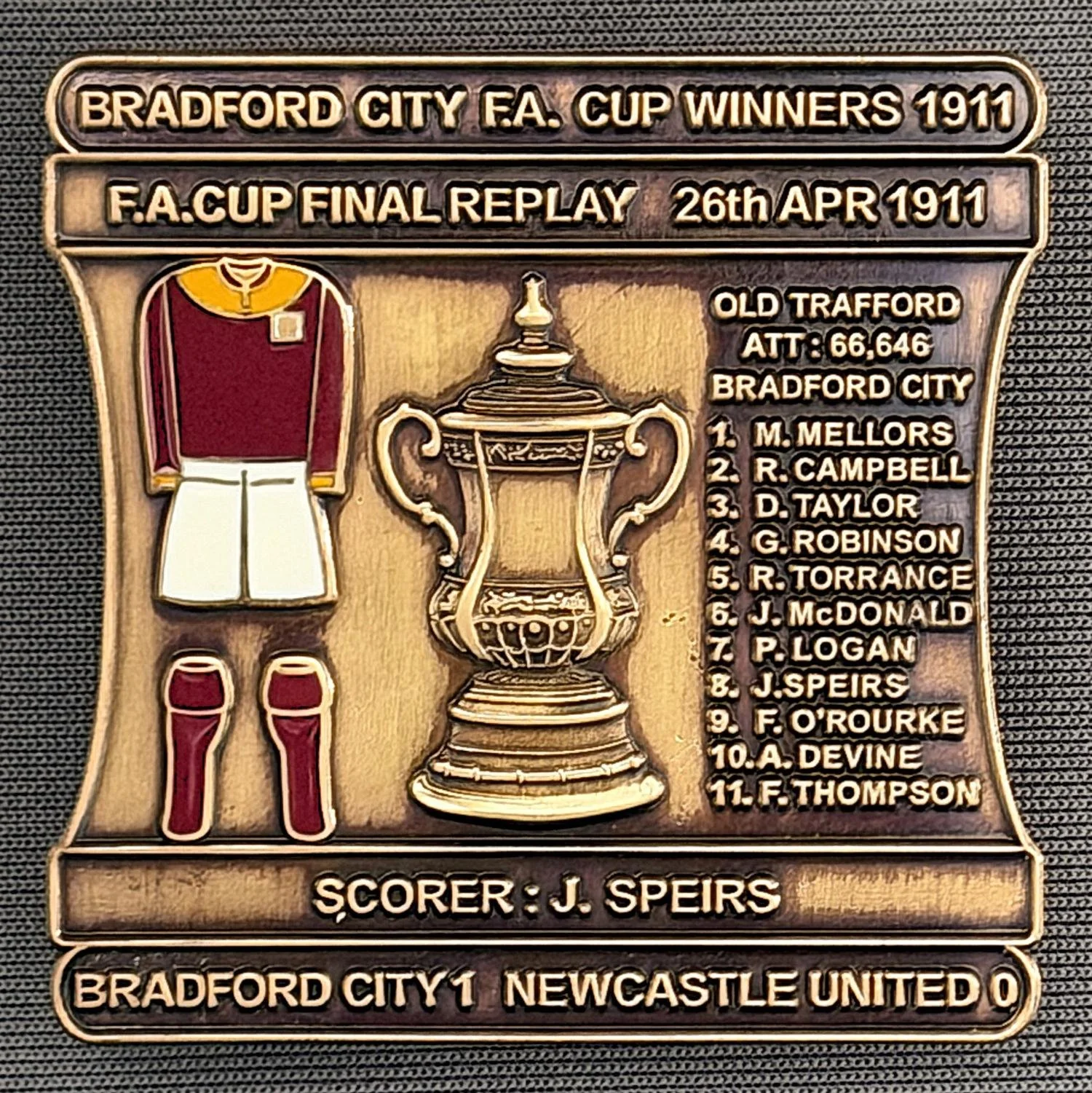 Reference Number: BCFAC016
Size: H 41.8 mm x W 42.2 mm
Pin Type: Double Metal Clutch
Plating: Antique Silver
Value: £12
Manufacturer: Bradford City Badges
Comments: 1911 F.A. Cup Final Replay v Newcastle United, Limited Edition of 1