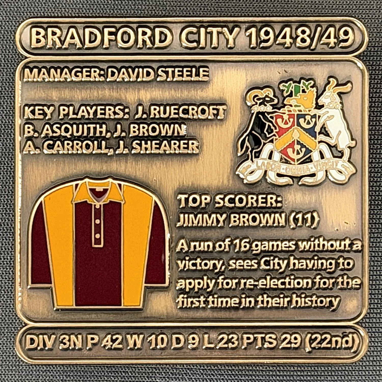 Reference Number: BCDEC085
Size: H 41.1 mm x W 42 mm
Pin Type: Double Metal Clutch
Plating: Antique Gold
Value: £8
Manufacturer: Historic Sports Badges Ltd
Comments: 1948/49 Season